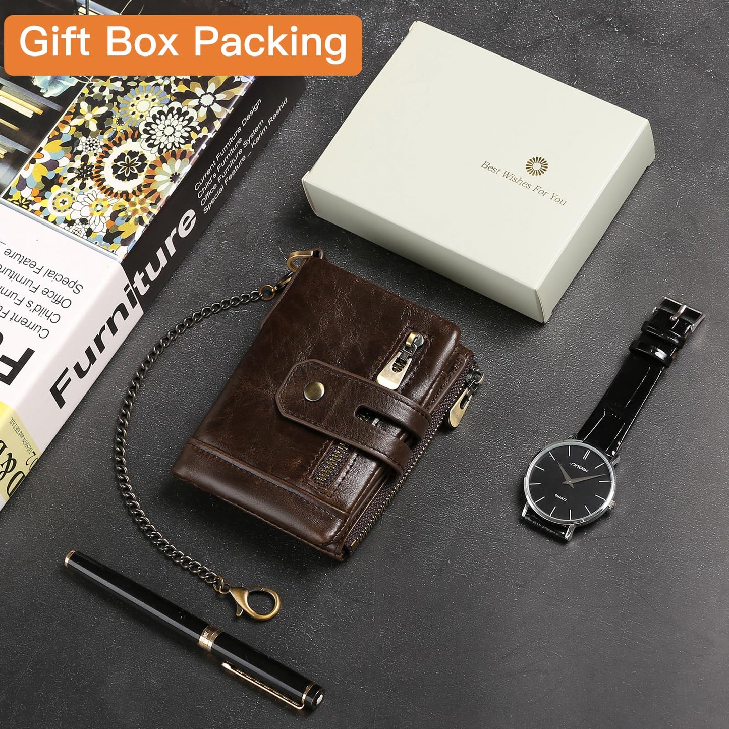 Men's RFID Blocking Bifold Chain Wallet Genuine Leather with Coin Pocket High Security Design (Coffee1)