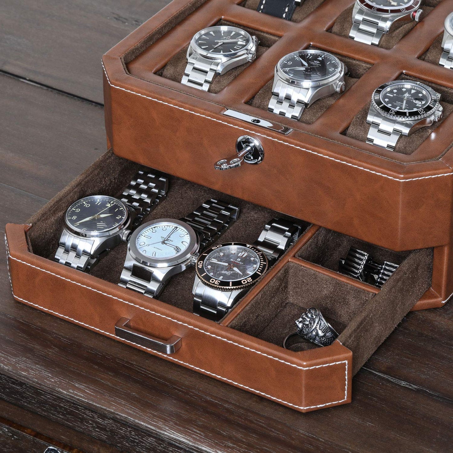 Gift Set 6 Slot Leather Watch Box with Valet Drawer - Luxury Watch Case Display Organizer, Microsuede Liner, Locking Jewelry Box, Mens Storage Boxes Holder Large Glass Top (Tan/Brown Gift Set)