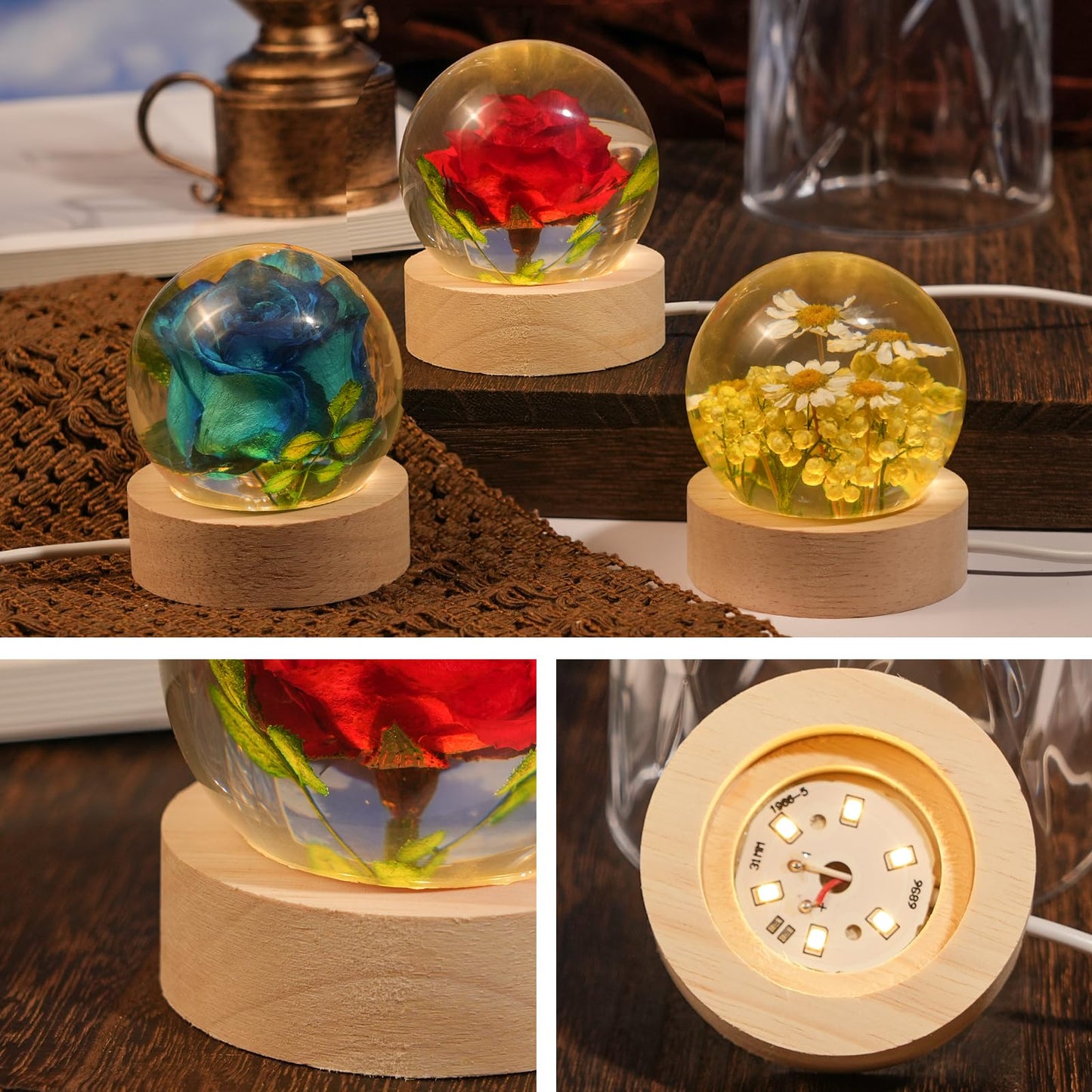 QNCMBUG Blue Rose Crystal Ball Night Light - Real Rose Encased in Glowing Resin Ball, USB-Powered Desk Lamp with Wood Base, Unique Gift for Valentine's Day, Mother's Day & Home Decor