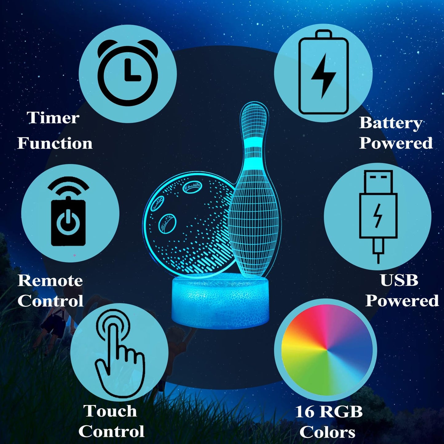 POSSHE Bowling Night Light, Bowling Gifts 3D Illusion Lamp with 16 Colors Changing, Timer, 4 Flash Modes and Dimmable, Kids Boys Girls Room Decoration, Holiday Xmas Gifts