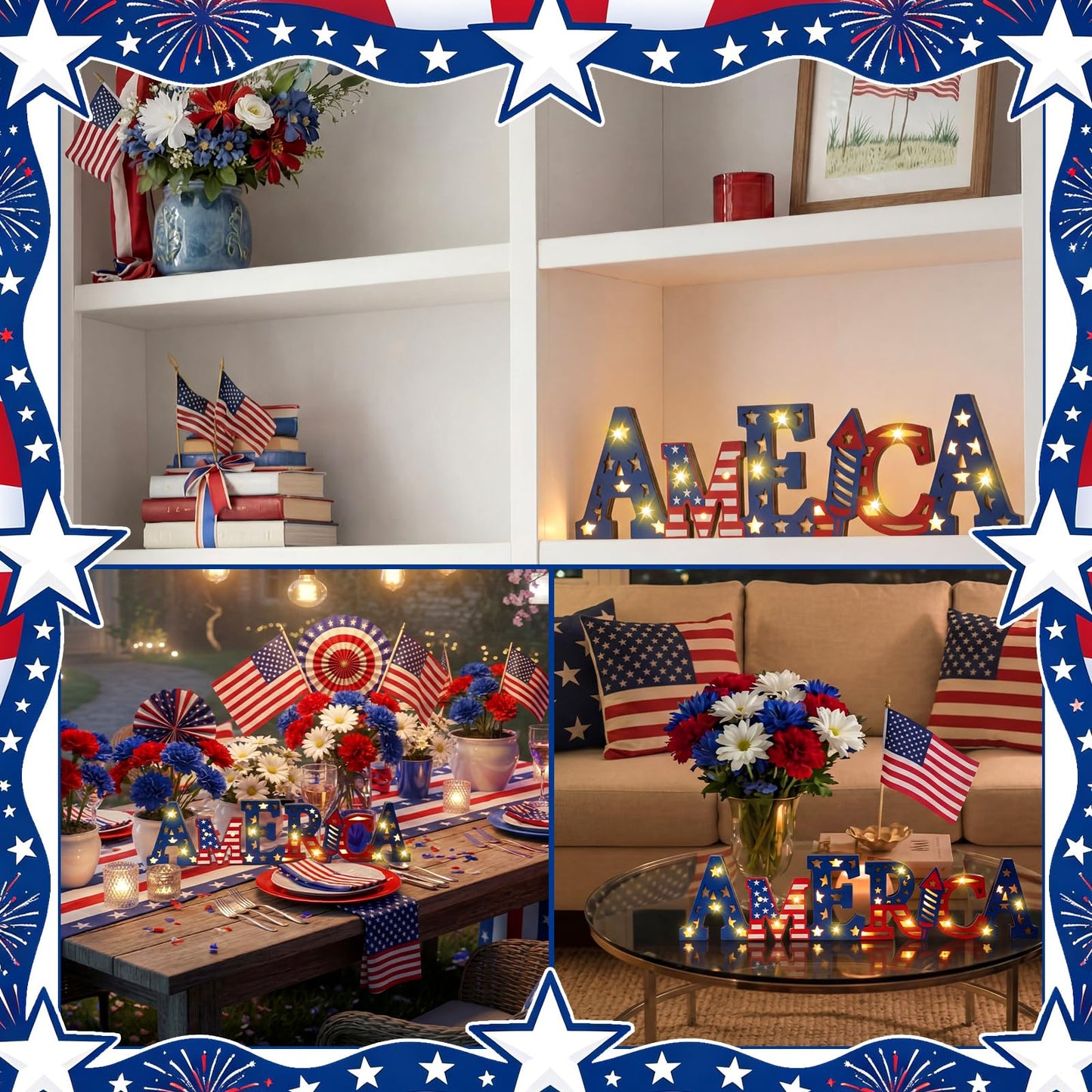 Geetery America LED Wooden Sign Patriotic Wooden Words Sign 4th of July Tabletop Centerpiece Decor 250th Anniversary Decorations for Independence Day Memorial Day Party Home Office
