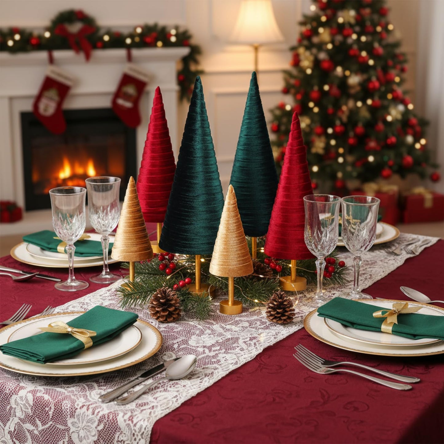 Hoolerry 6 Pcs Christmas Velvet Trees with Gold Pedestal Christmas Velvet Cones Tree Mantel Decor Modern Rustic Winter Home Minimalist for Holiday Entryway Table Wedding Centerpiece(Xmas)
