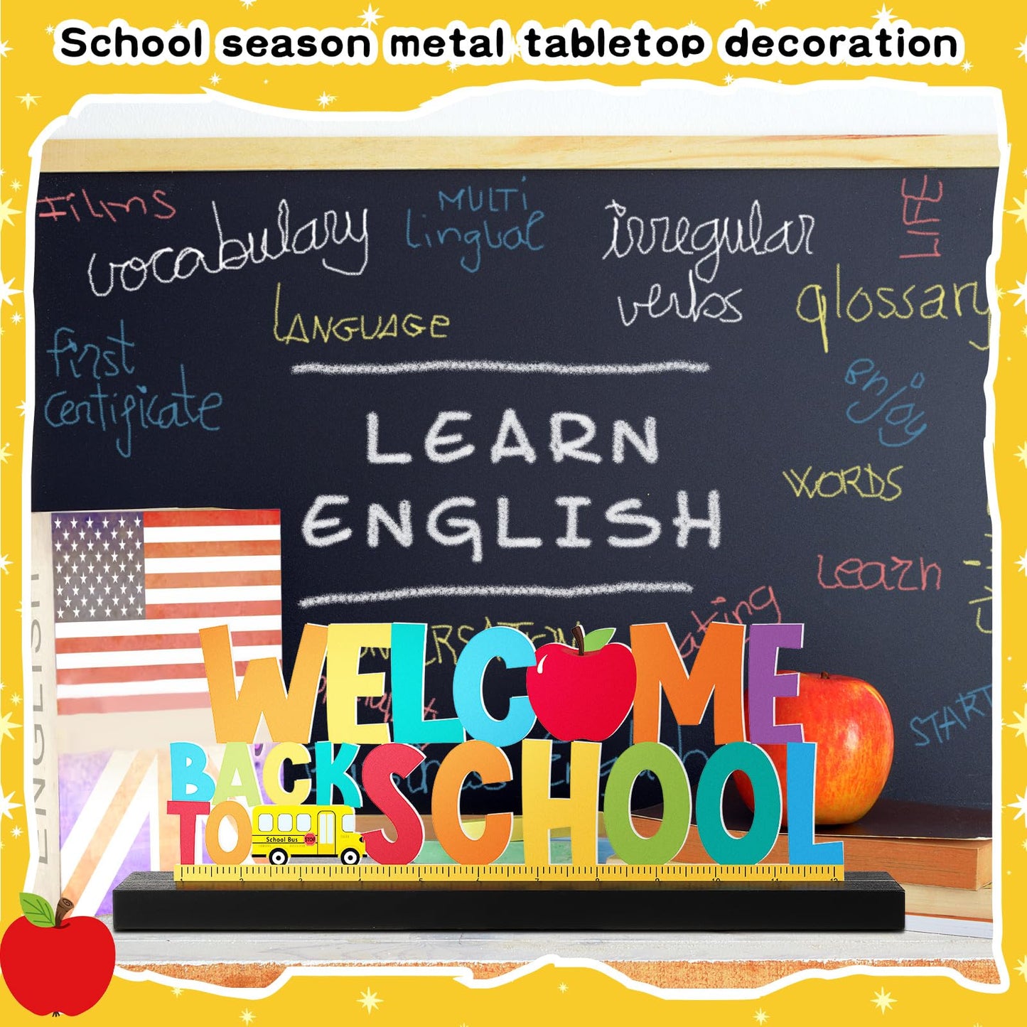 MiniInflat Welcome Back to School Metal Sign First Day of School Table Decor Metal Word Sign with Wooden Base for Classroom Teacher Party Favor Supplies Tiered Tray Decor Shelf Tabletop Decorations