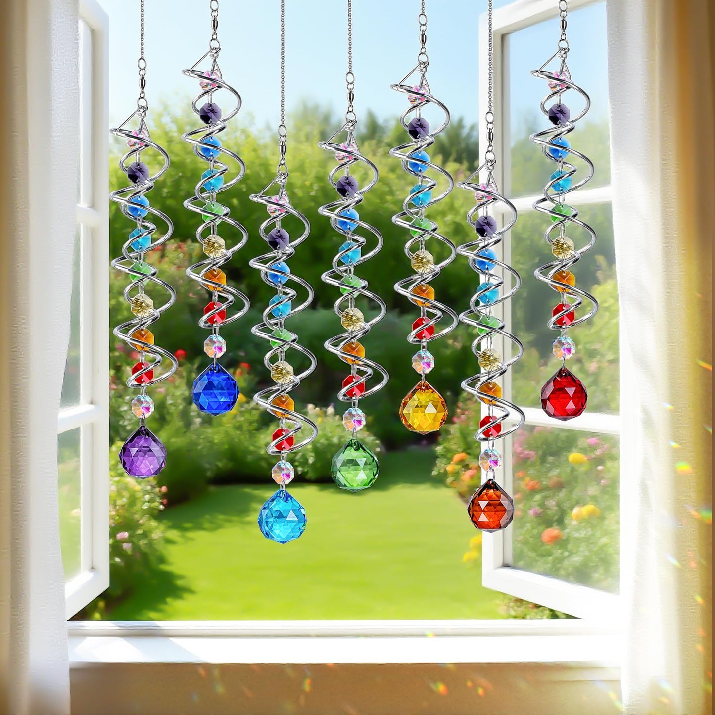 H&D HYALINE & DORA 7 Pack Crystal Suncatchers for Windows Hanging Gazing Ball Spiral Tail Wind Spinners Stainless Steel Hanging with Swivel Hook for Yard and Garden Indoor Home Decor