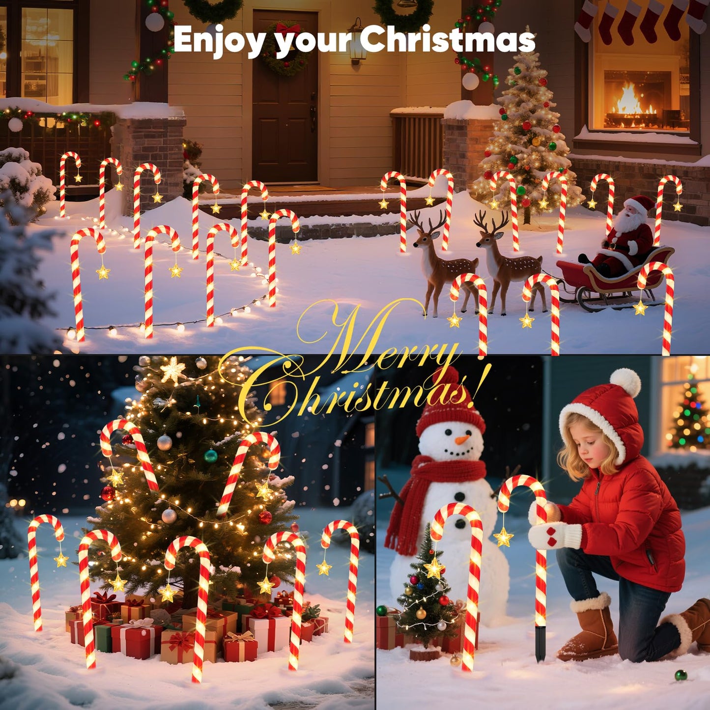 BOMIER Solar Christmas Lights Outdoor Waterproof: 24-Pack Solar Candy Cane Christmas Decorations Outdoor Pathway Lights with Stakes 10 Modes, 144 LED Xmas Decorations for Yard Garden Holiday Decor