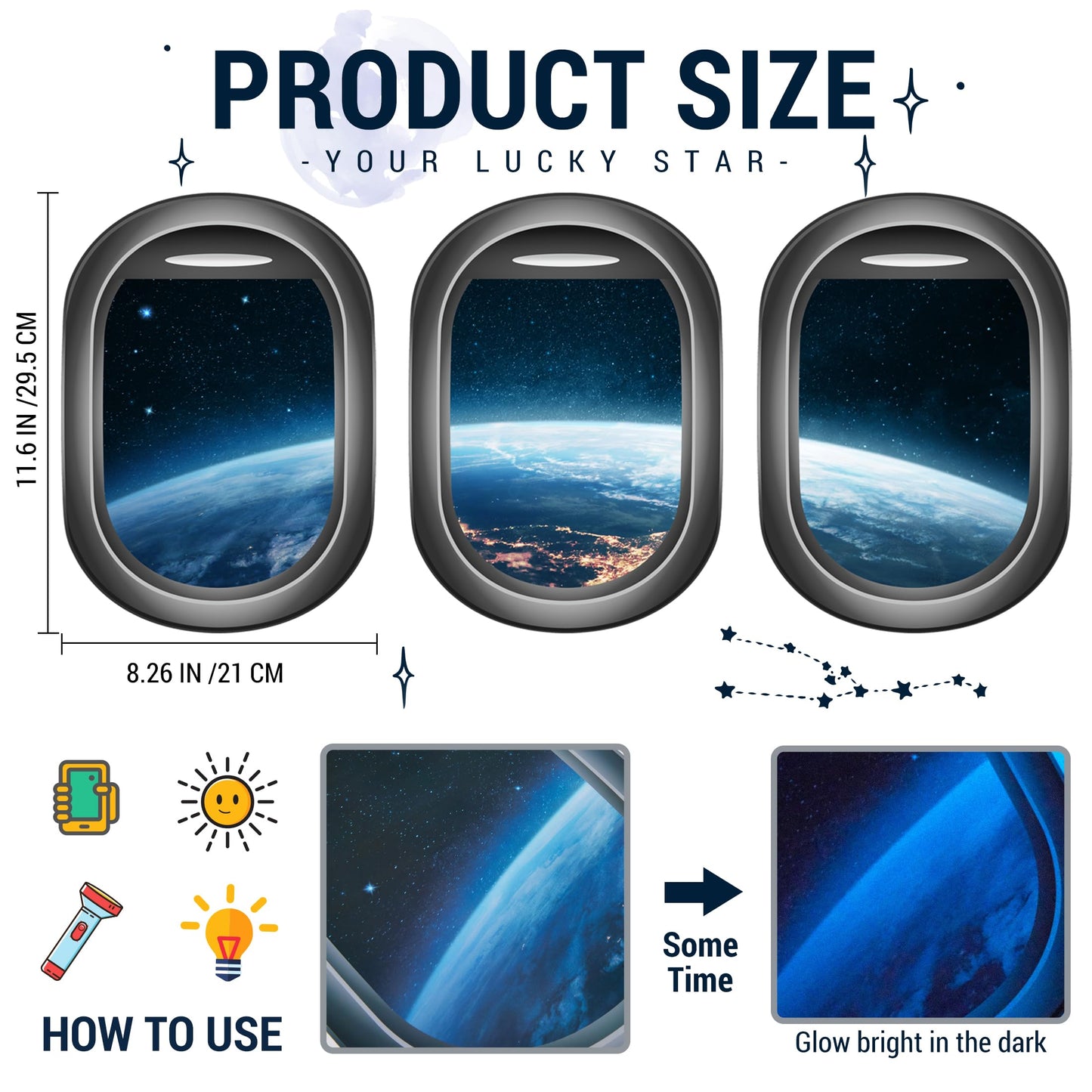Glow in The Dark 3D Space Wall Decals, Set of 3 Galaxy Window Stickers for Wall, Space Themed Room Decor for Kids Boys (Blue)