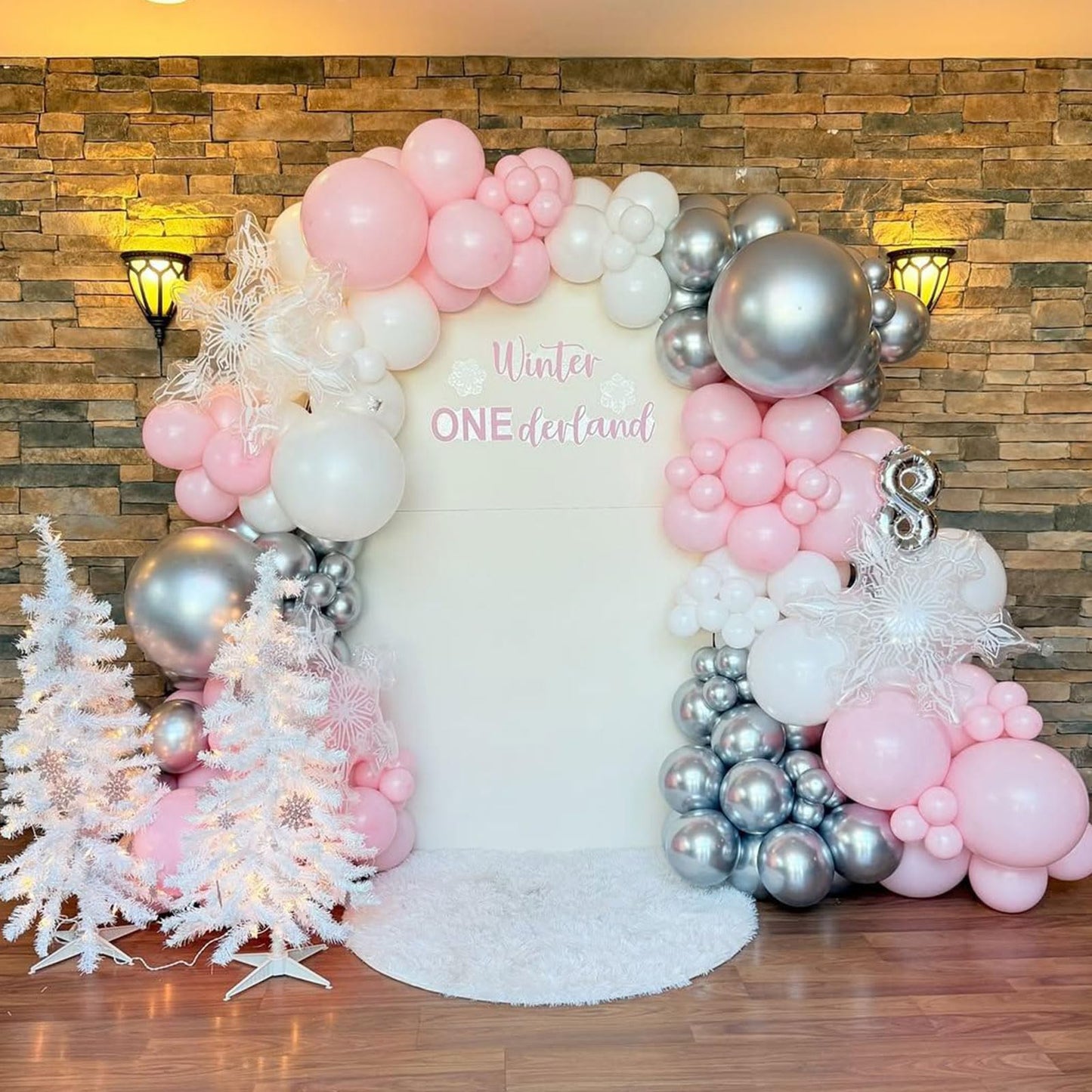 Pink White Silver Balloons Arch Kit, 154pcs Pink Winter Wonderland Balloons Garland Kit for Girls Princess Snowflake Theme Wedding Baby Shower Birthday Christmas Party Decorations