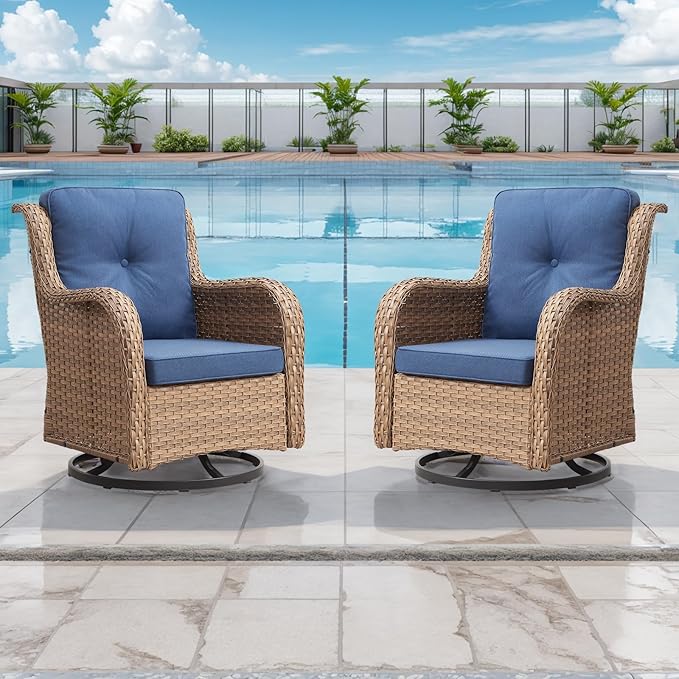 Rilyson Patio Chairs Rocking Swivel Chiar - 3 Piece Outdoor Wicker Patio Bistro Set Rattan Rocker Glider Chairs with High Back and Deep Seating for Outside Porch Deck Garden(Yellow/Blue)