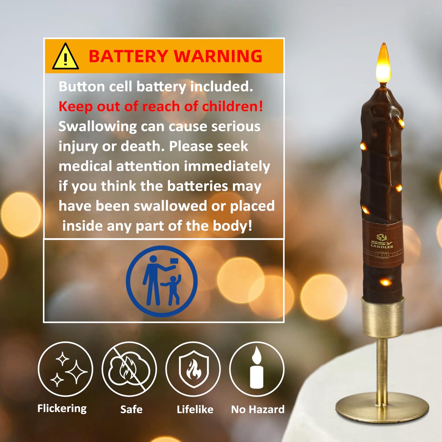 6.5 Inch Brown Flameless Taper Candles - 4 Pack Handmade Real Wax LED String Surface Candles with 10 Key Remote Timer Battery Operated LED Taper Candle for Thanksgiving Christmas Holiday Decor