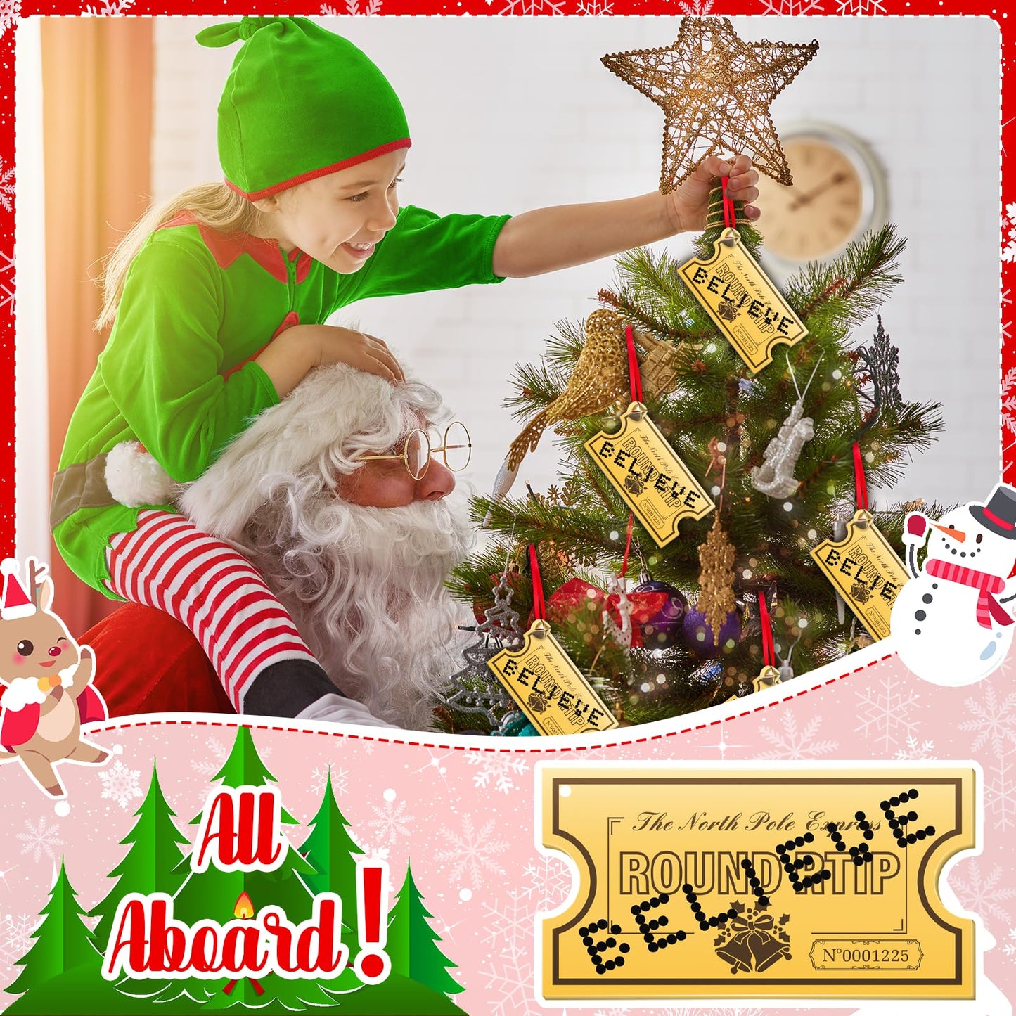 25 Pack Christmas Polar Golden Tickets Bulk Set Include 12 Pcs 4.7" x 2.5" Acrylic Golden Tickets 12 Believe Bells 1 Roll Red Ribbon North Pole Believe Train Ticket Christmas Tree Hanging Ornaments
