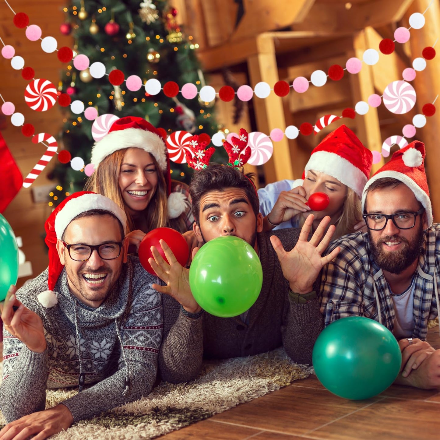 Doumeny 3Pcs Christmas Felt Ball Garland Candy Cane Felt Bunting Banner Candy Peppermint Pompom Bunting Garland Xmas Pink White Party Banner Winter Hanging Banner for Home Christmas Tree Wall Decor