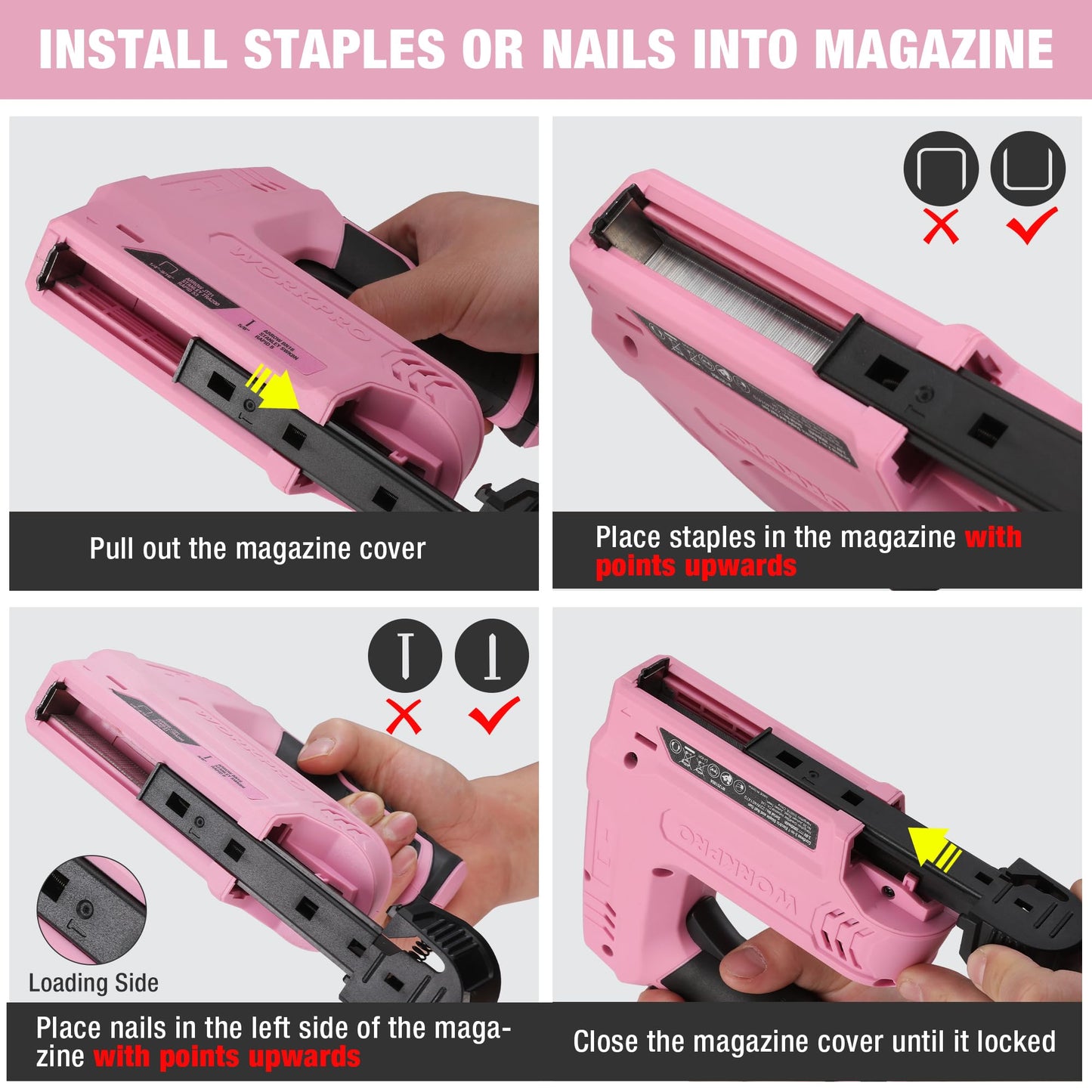 WORKPRO Electric Staple Gun, 2-in-1 Brad Nailer Electric with 2000PCS Staples Nails & USB Charger, 3.6V Staple Gun for Upholstering, Crafts, Carpentry, DIY, Pink Ribbon