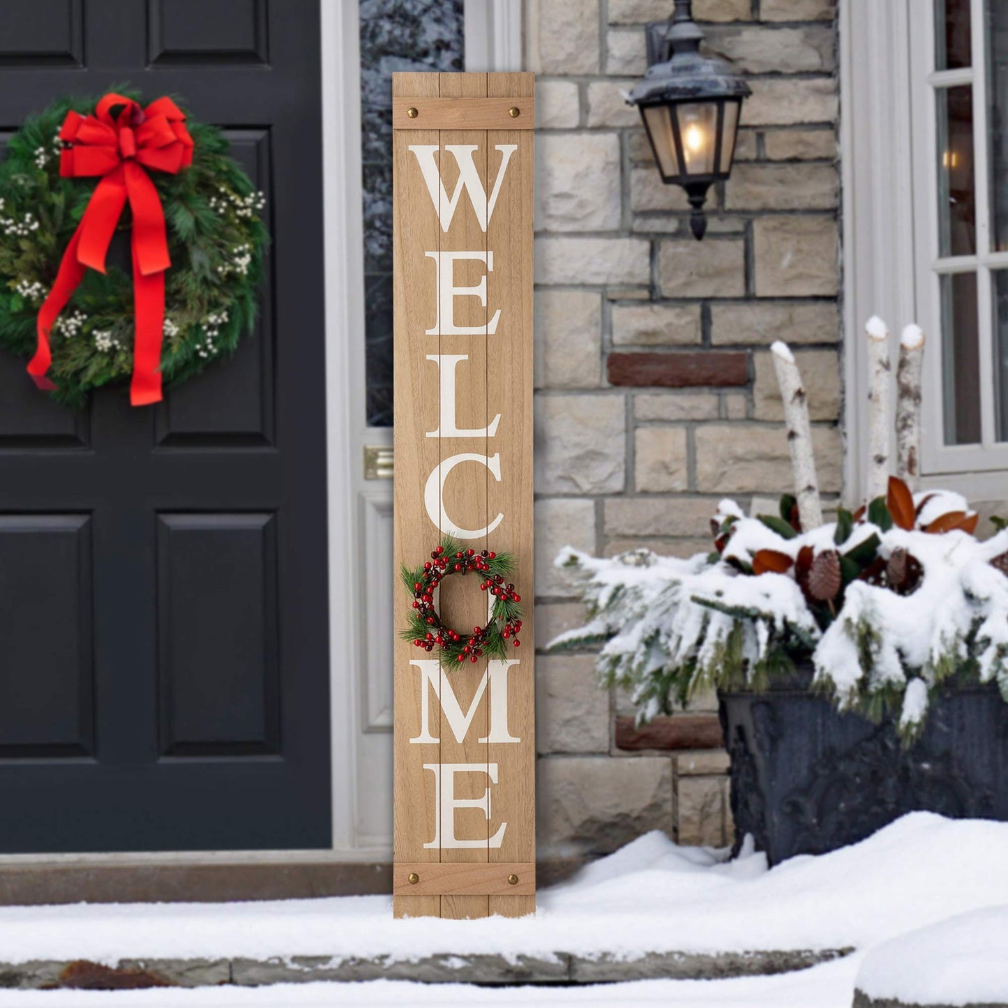 Glitzhome 60”H Welcome Sign with 4 Interchangeable Floral Wreaths for Front Door Porch Farmhouse Wooden Hanging Wall Sign for Seasons Spring Fall Harvest Thanksgiving Christmas