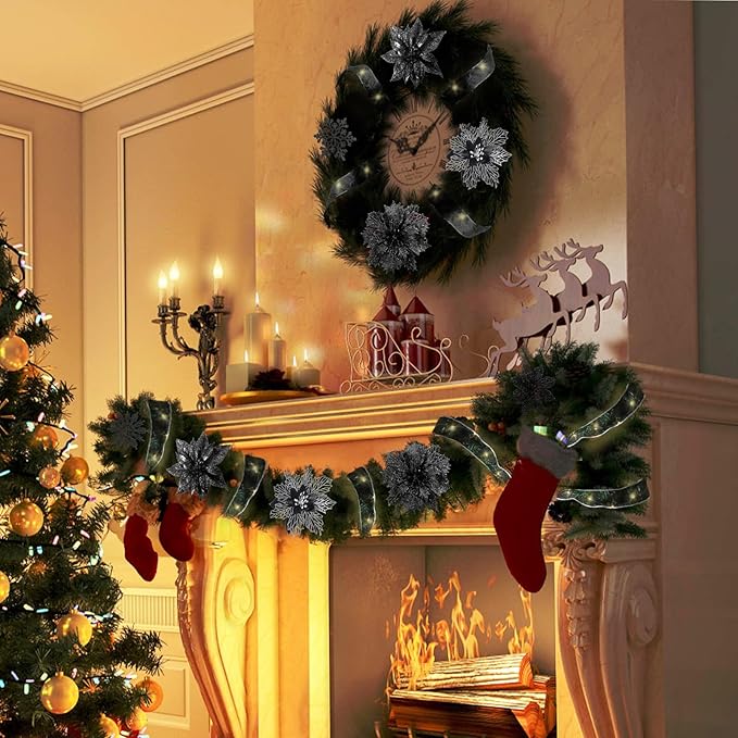 RECUTMS 72Pcs Christmas Tree Ornaments - Snowflake, Poinsettias Xmas Black Glitter Artificial Flowers Light Ribbon Clips for Wreath & Tree Decor (Black)