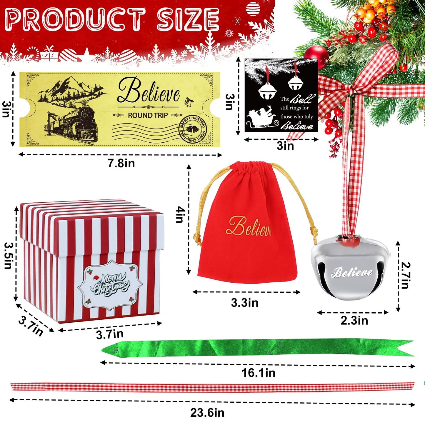 4 Set Polar Express Decorations Gift Box, Christmas Believe Bell Ornaments, 2.3" x 2.7" Sleigh Bell with Personalized Train Ticket and Red Bag