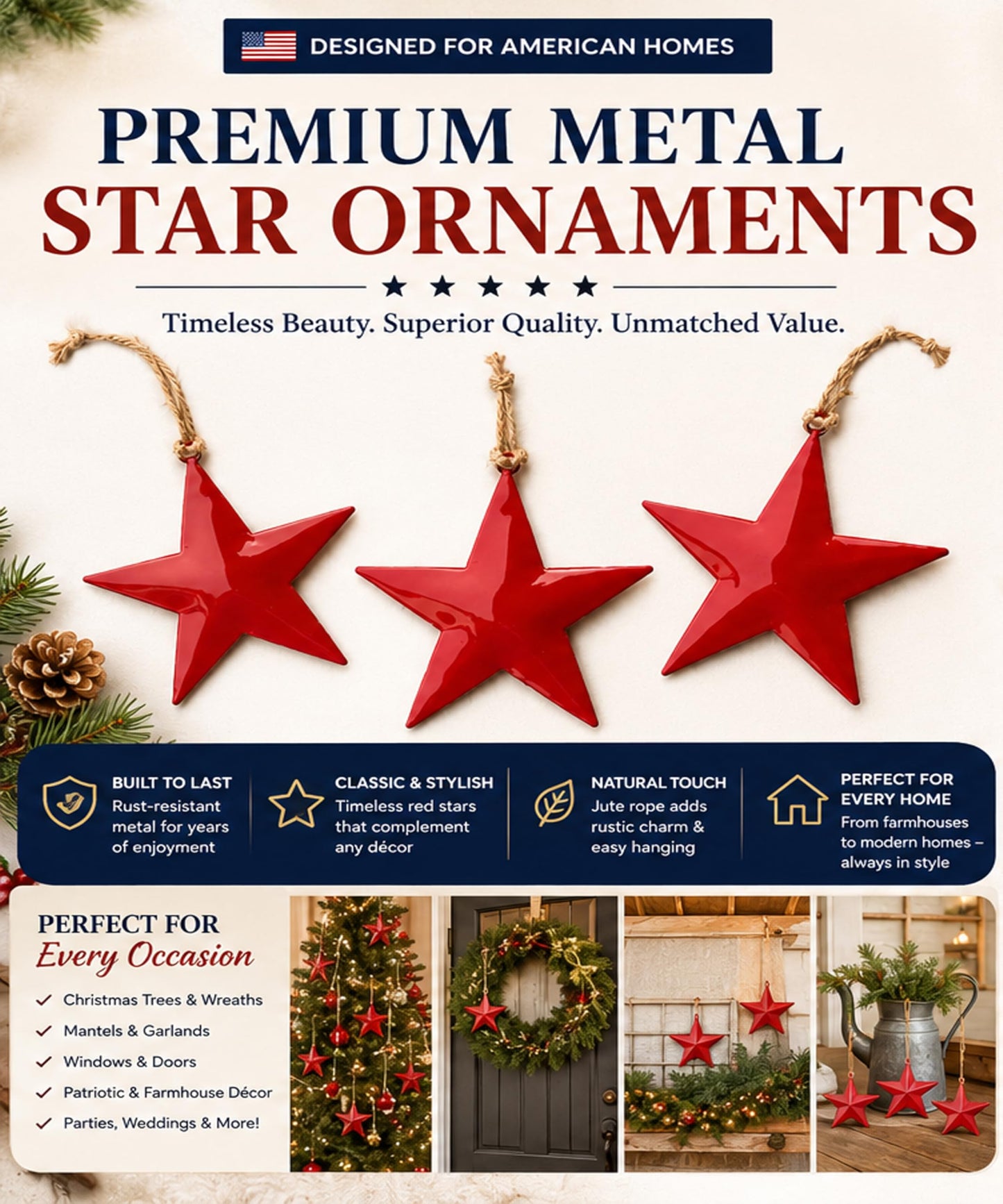Hanging Star Wall Decor Set of 3 – Red Metal Hanging Star with Rope – Farmhouse Rustic Home & Christmas Decoration for Door, Wall & Window (5 x 5 x 10.2 Inches) (Red)