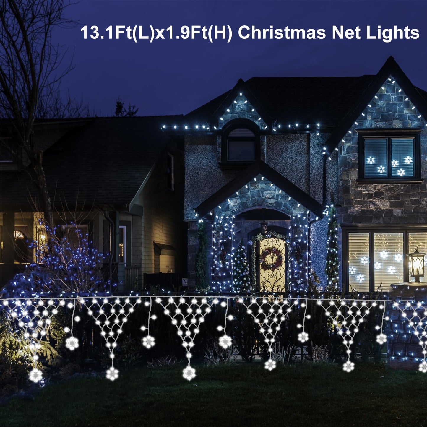 DBFAIRY Christmas Net Lights Plug in,207LED Snowflake Hanging Net Light 13.1 x1.9Ft