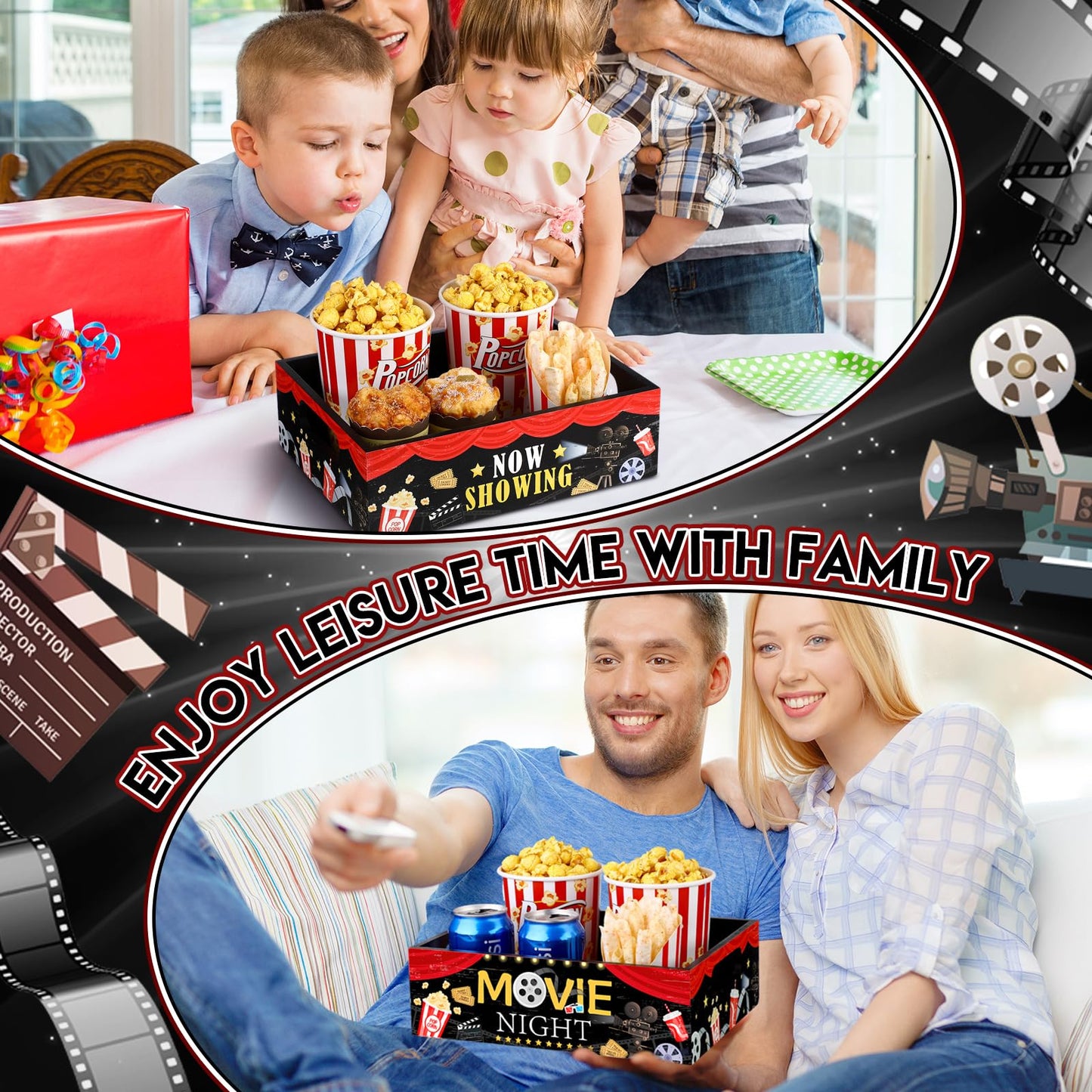 Movie Night Supplies Snack Trays with Handles Reusable Wooden Movie Gift Basket for Theater Popcorn Bucket Bowl Box Container Family Room Decor(Classic Style)