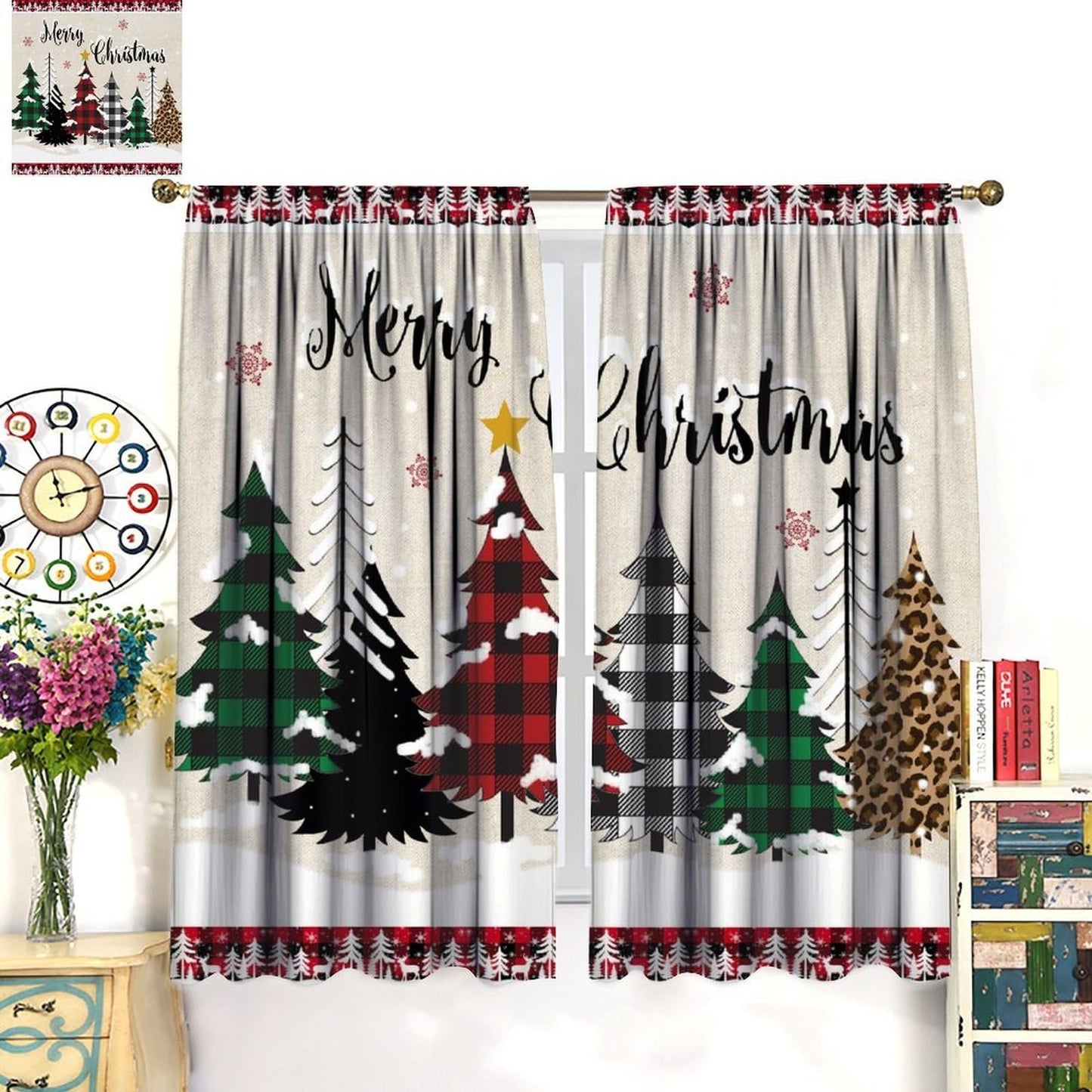 Christmas Tree Curtain Farmhouse Buffalo Plaid Xmas Tree Winter Cabin Snowflake Holiday Window Treatment for Living Room Bedroom Kitchen Cafe Study Dinin Merry Christmas Decor Window Drapes 42"W X 45"