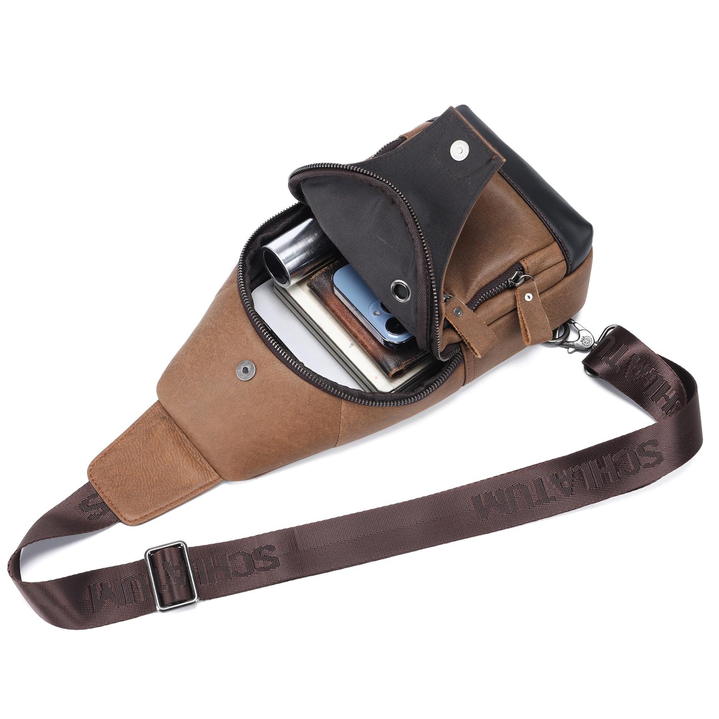 LUKZIJAES Genuine Leather Sling Bag for Men Crossbody Bags Man Shoulder Chest Pack Hiking Casual Daypack Outdoor Travel Backpack (#1-Brown)