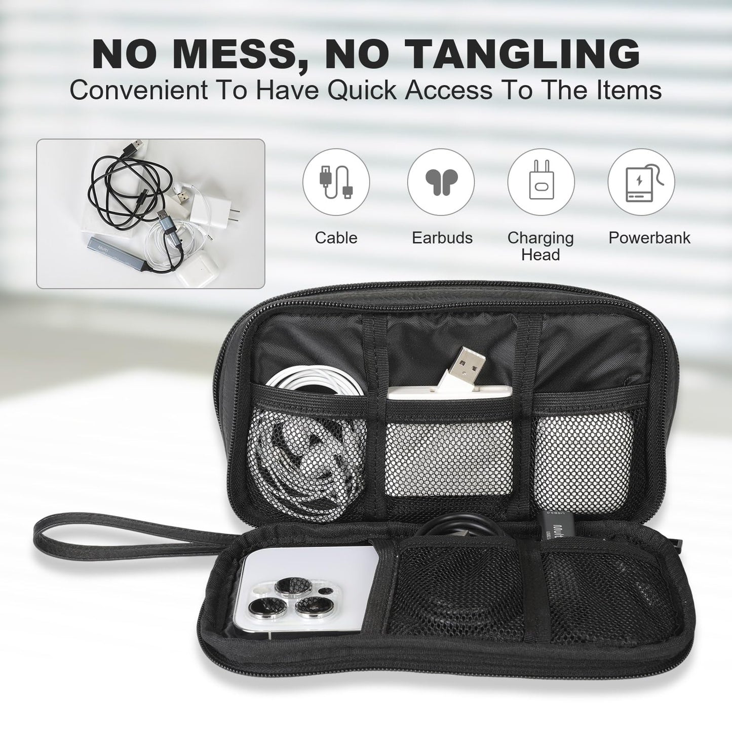 Ezday Travel Cable Organizer Bag, Electronic Accessories Carry Pouch, Portable Waterproof Double Layers All-in-One Storage Bag for Cord, Charger, Phone, Earphone (Black, Small)