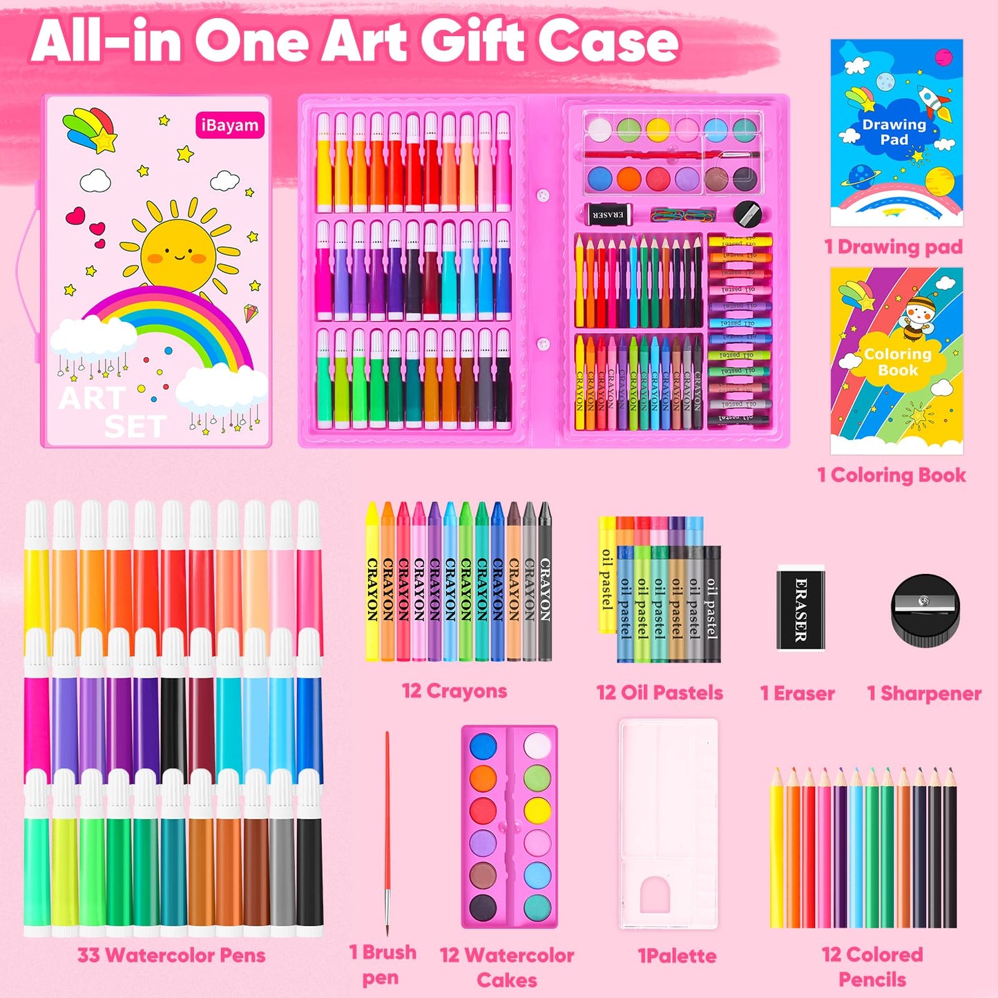iBayam Art Supplies, 149-Pack Drawing Kit Painting Art Set Art Kits Gifts Box, Arts and Crafts for Kids Girls Boys, with Coloring Book, Crayons, Pastels, Pencils, Watercolor Pens & Cakes (Pink)