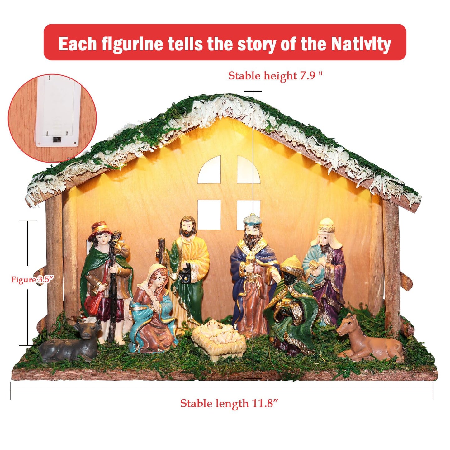 PALZIK Lighted Christmas Nativity Set, Nativity Sets for Indoor with Wooden Stable, Nativity Scene Set & Figures for Christmas Decorations Indoor Tabletop Decorations