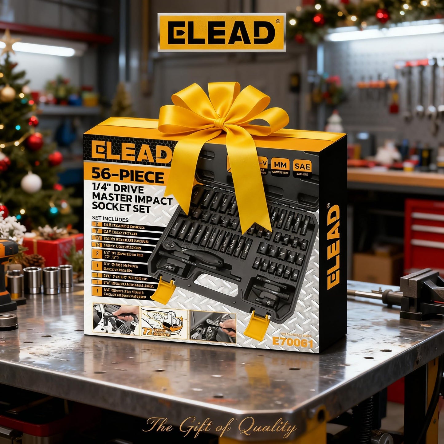 ELEAD 1/4" Drive Impact Socket Set, 56-Piece Standard SAE (5/32 to 9/16 inch) and Metric (4-15mm) Size, Deep & Shallow, 6 Point, Cr-V, 72-Tooth Ratchet Handle, Extension Bar, Universal Joint
