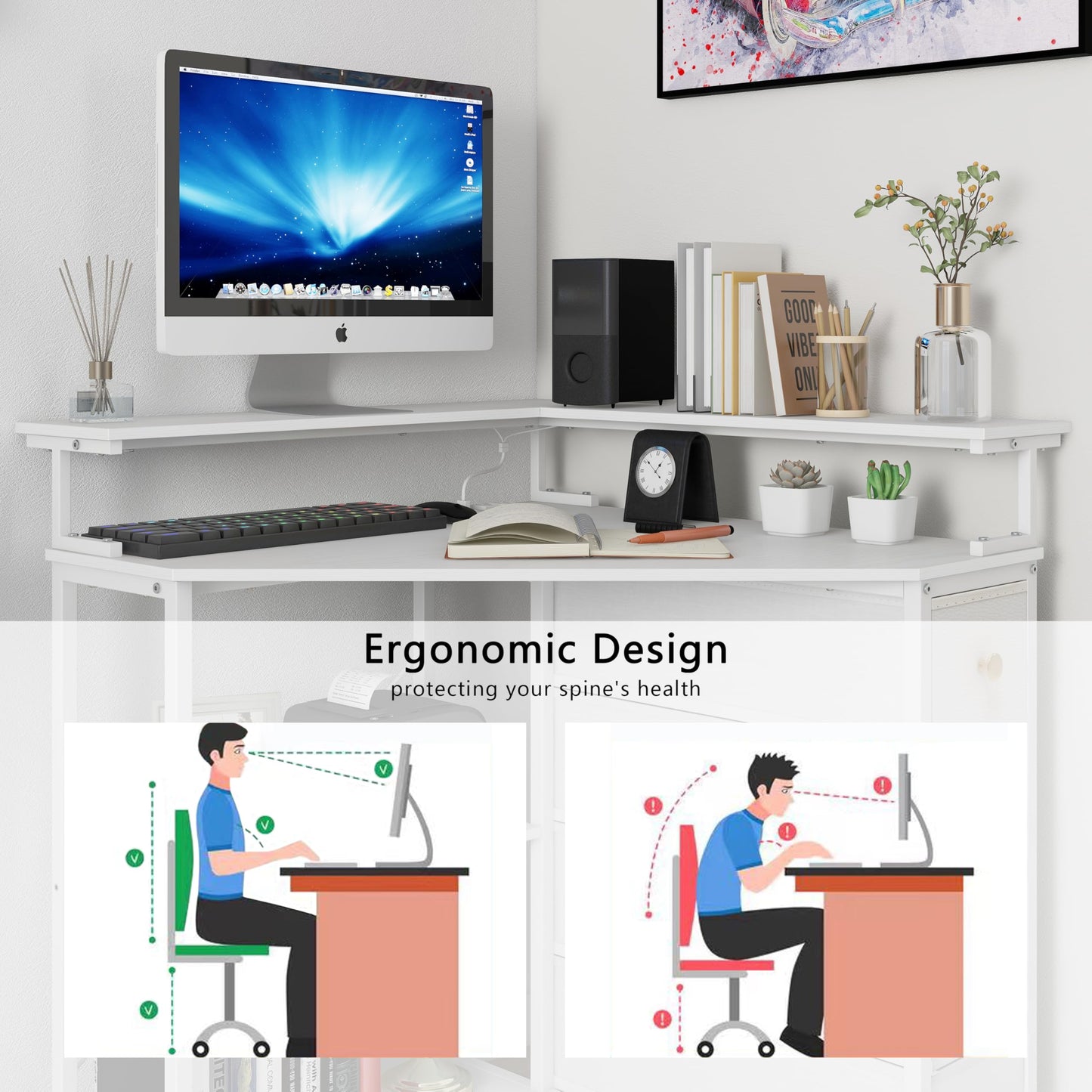 VENNQD Corner Desk with Drawers Shelves for Small Space 90 Degrees Triangle Computer Desk with Power Outlets,Gaming Desk with LED Lights Monitor Stand for Home Office Workstation Writing Table (White)