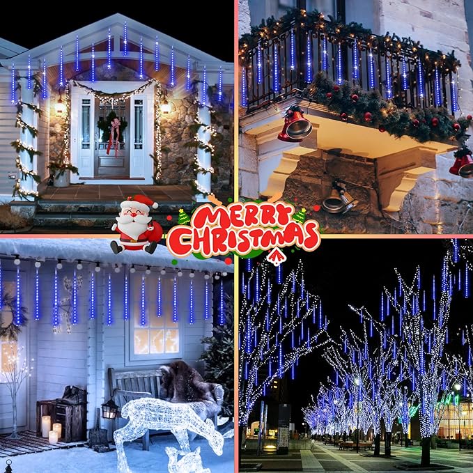 KNONEW 40 Tubes 1120 LED Meteor Shower Lights Christmas Lights Outdoor Plug in Waterproof Falling Rain Light for Xmas Tree Wedding Party Garden Holiday Rooftop Decorations (Blue)