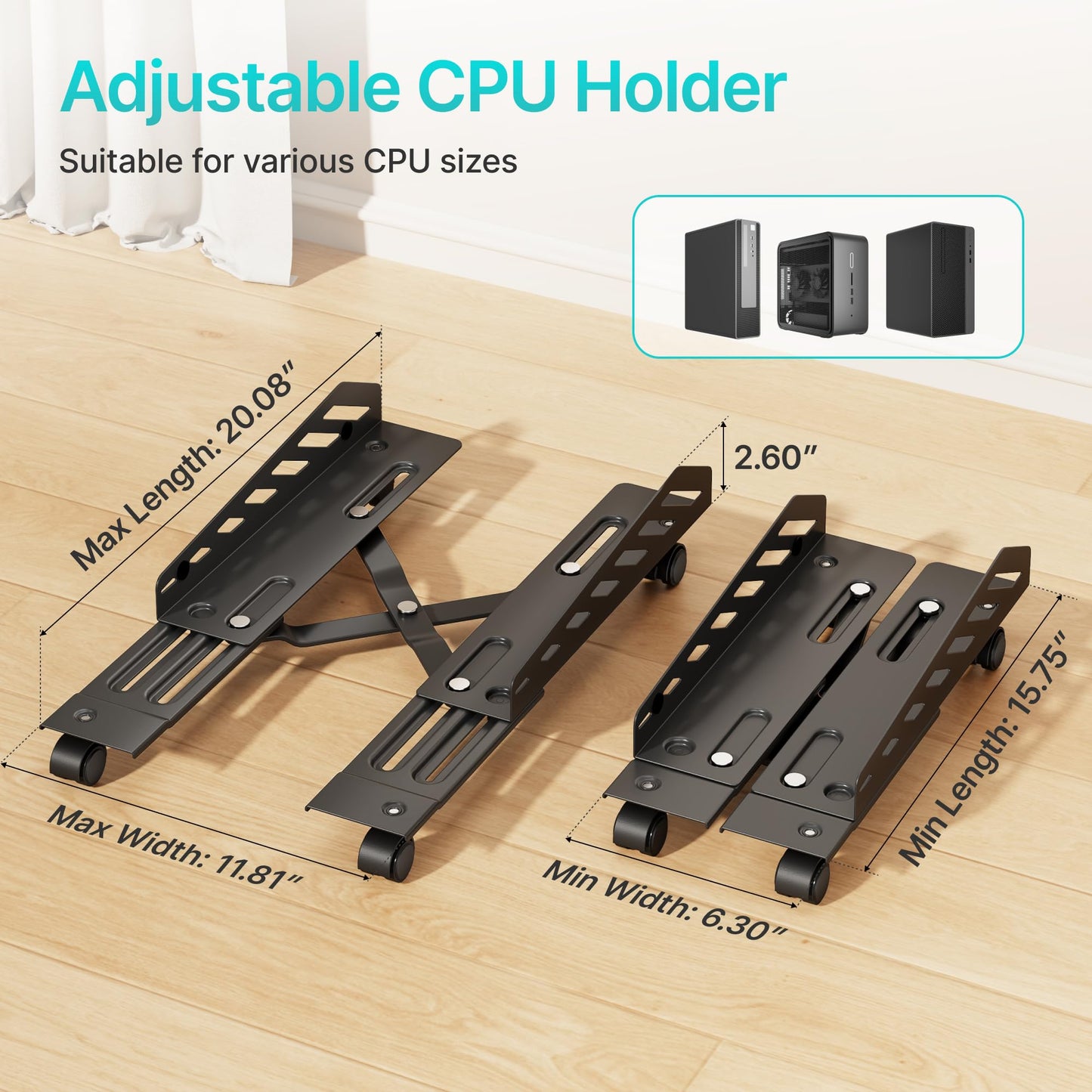 PEGZONE Adjustable PC Stand for Floor(400-510mm D, 160-300mm W), PC Tower Stand with 4 Caster Wheels, Ventilated Under Desk CPU Cart Holder for Office, Gamers, Black