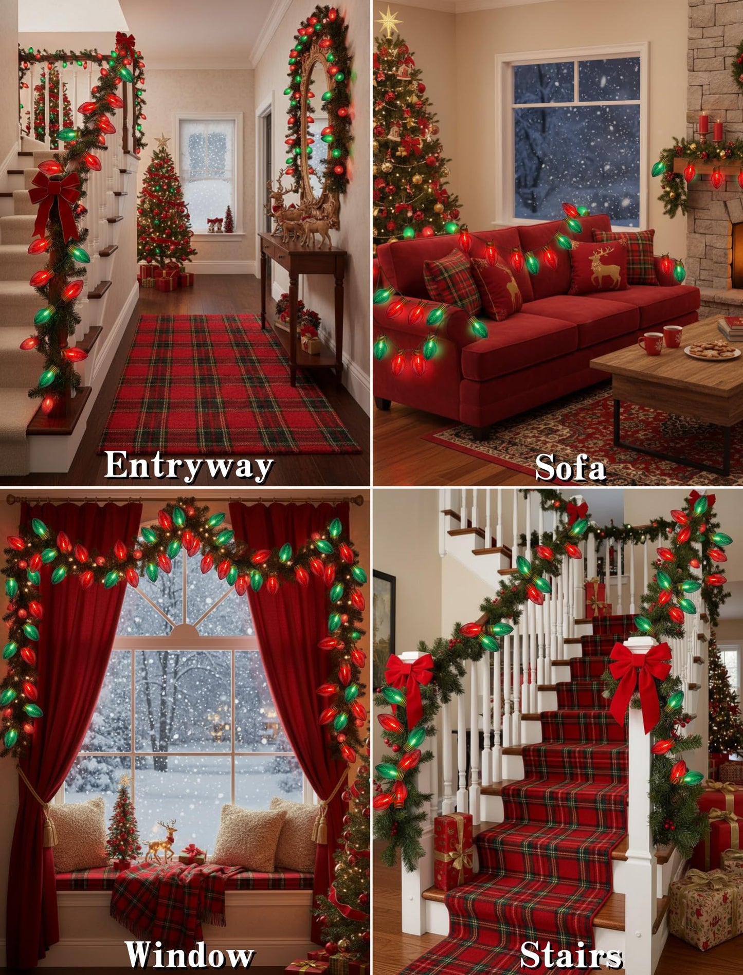 Pallerina 16FT Jumbo Red and Greeen Christmas Lights,Outdoor Giant Christmas Decorations Lights with 10 LED Clear Red and Greeen Bulbs for Tree Holiday Home Roof Yard Garden Decorations
