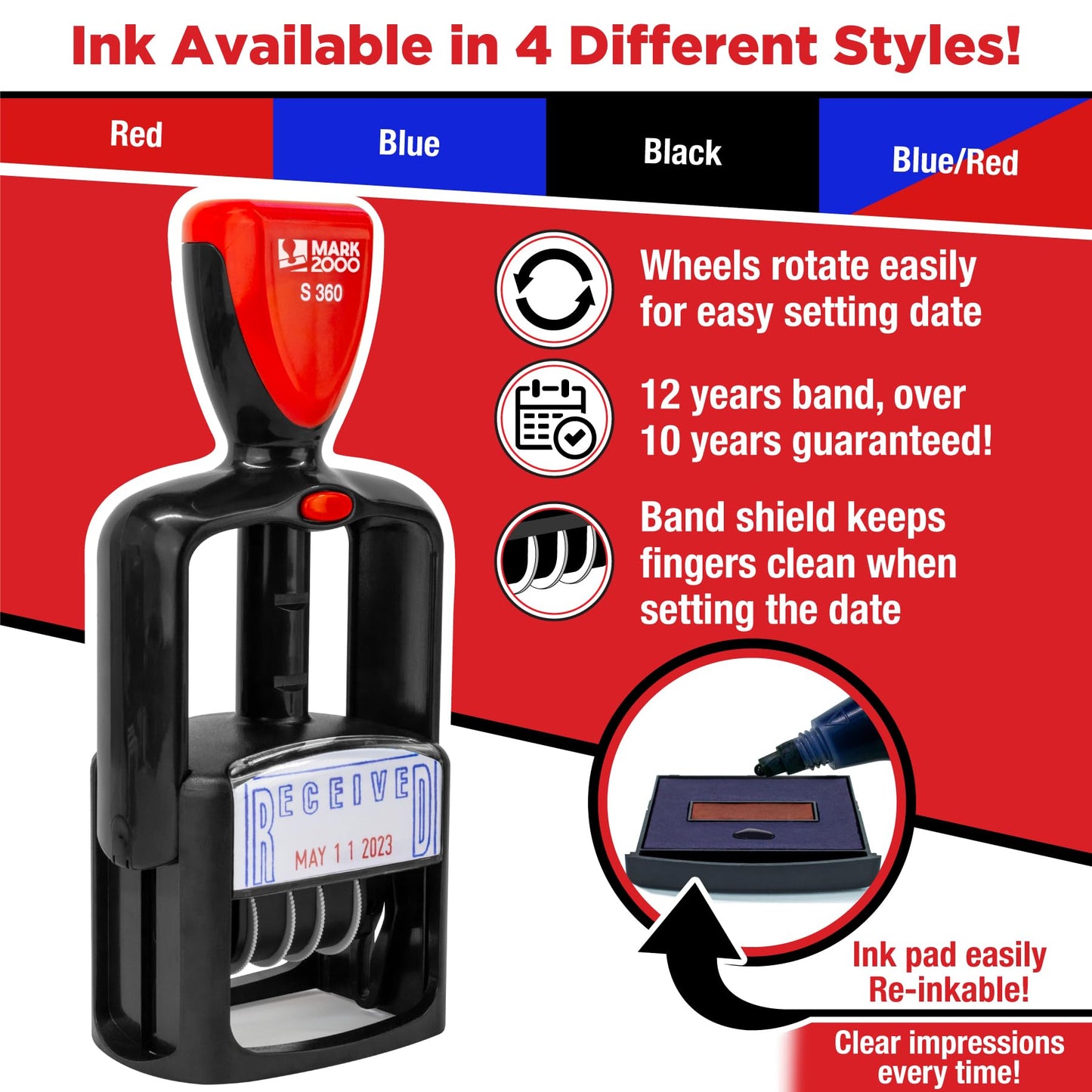Mark 2000 Self-Inking Rubber Date Office Stamp with Received Phrase - Blue Ink & Date Red Ink - 12-Year Band
