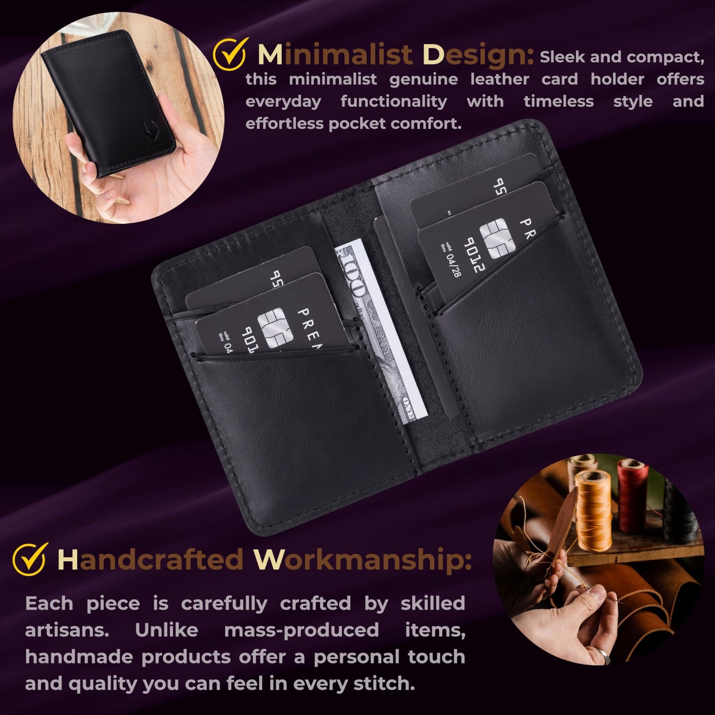 VENOULT Genuine Leather, Bi-fold Card Holder, Wallet with 4 Credit Card and 2 Cash Slots for Man or Women, (4.3 x 3.1 x 0.25 in), Slim Minimalist Design, Handcrafted (Rustic Black)