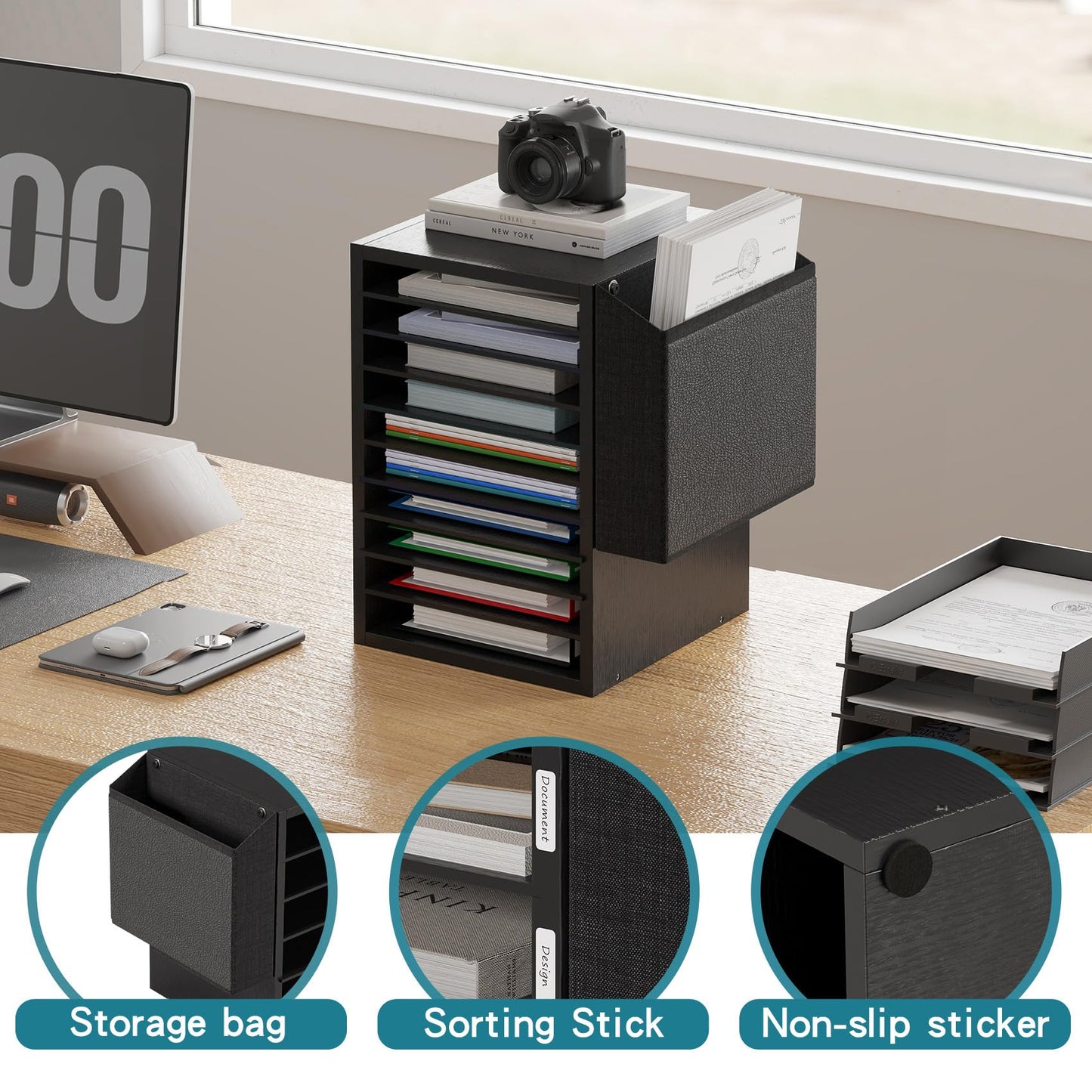 Unionly, Office Mail Sorter, Wooden Paper Organizer With Storage Bag, 10 Tier Adjustable Classroom Mailbox, Removable Classroom Organization, Teacher Desk Organization for Office, Study, Black