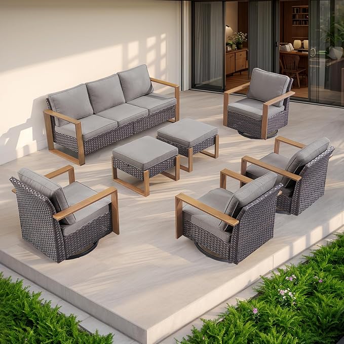 Rilyson Outdoor Ottoman Wicker Patio Footrest - 2 Piece Wicker Footrest Footstools Set with Sturdy Frame,All-Weather PE Wicker, Thick Cushions for Deck Porch Garden(Brown/Grey)