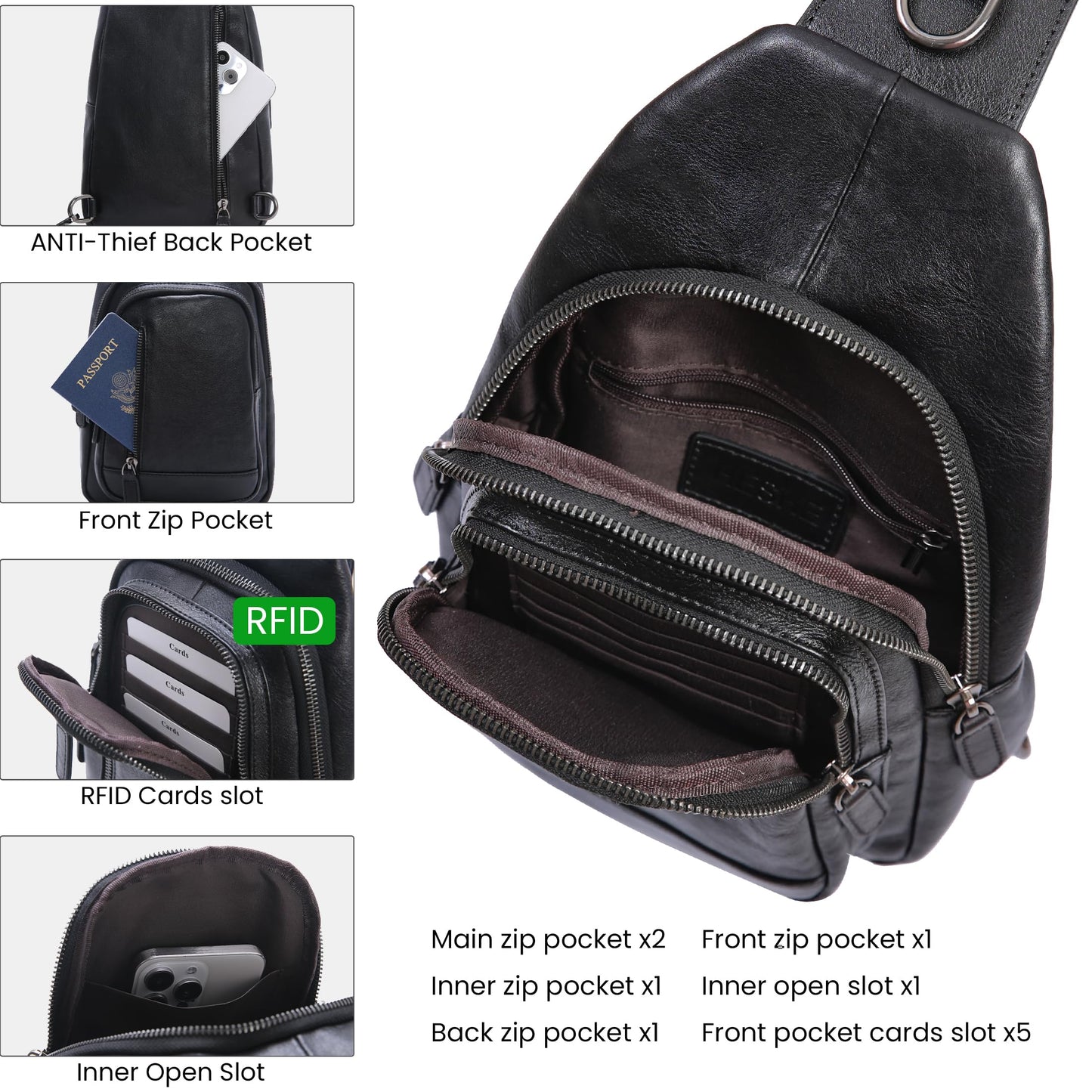 HESHE Leather Sling Bag for Women Crossbody Bags with Multi-Pocket Stylish Fanny Packs for Travel Chest Bag (Black)