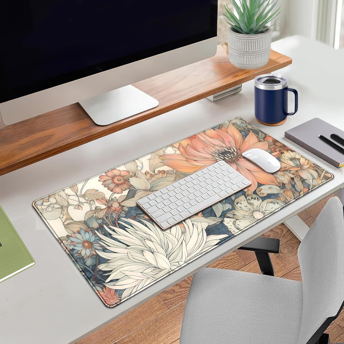 Nasdalgias Japanese Floral Desk Mat Boho Aesthetic Flower Desk Matt for Desktop Large XXL Gaming Mouse Pad Extended Deskpad Laptop Keyboard Computer Mat Office Decor for Women 31.5 X 15.7
