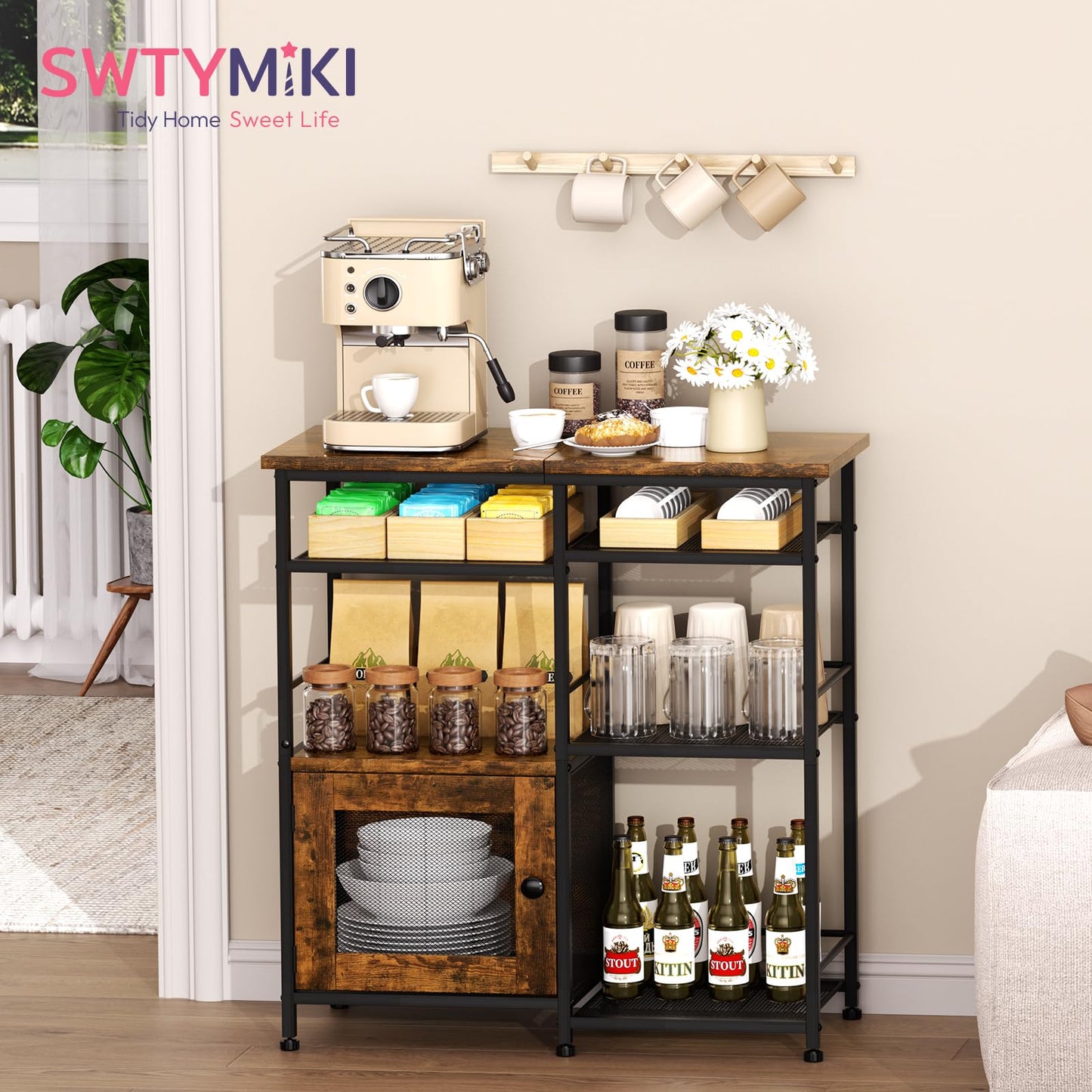 SWTYMIKI Coffee Bar Cabinet Station - Farmhouse Small Coffee Stand Station with Doors, Rustic Storage Organizer for Kitchen, Buffet Sideboard Cabinet Table for Home, Office, Corner, Bar, Espresso