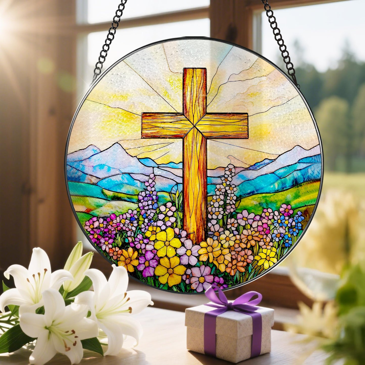 8 Inch Cross Wildflower Stained Glass Suncatcher, Christian Stained Glass Window Hanging, Religious Cross Sun Catcher, Easter Suncatcher Decor, Religious Gifts, Christian Gifts, Easter Gift