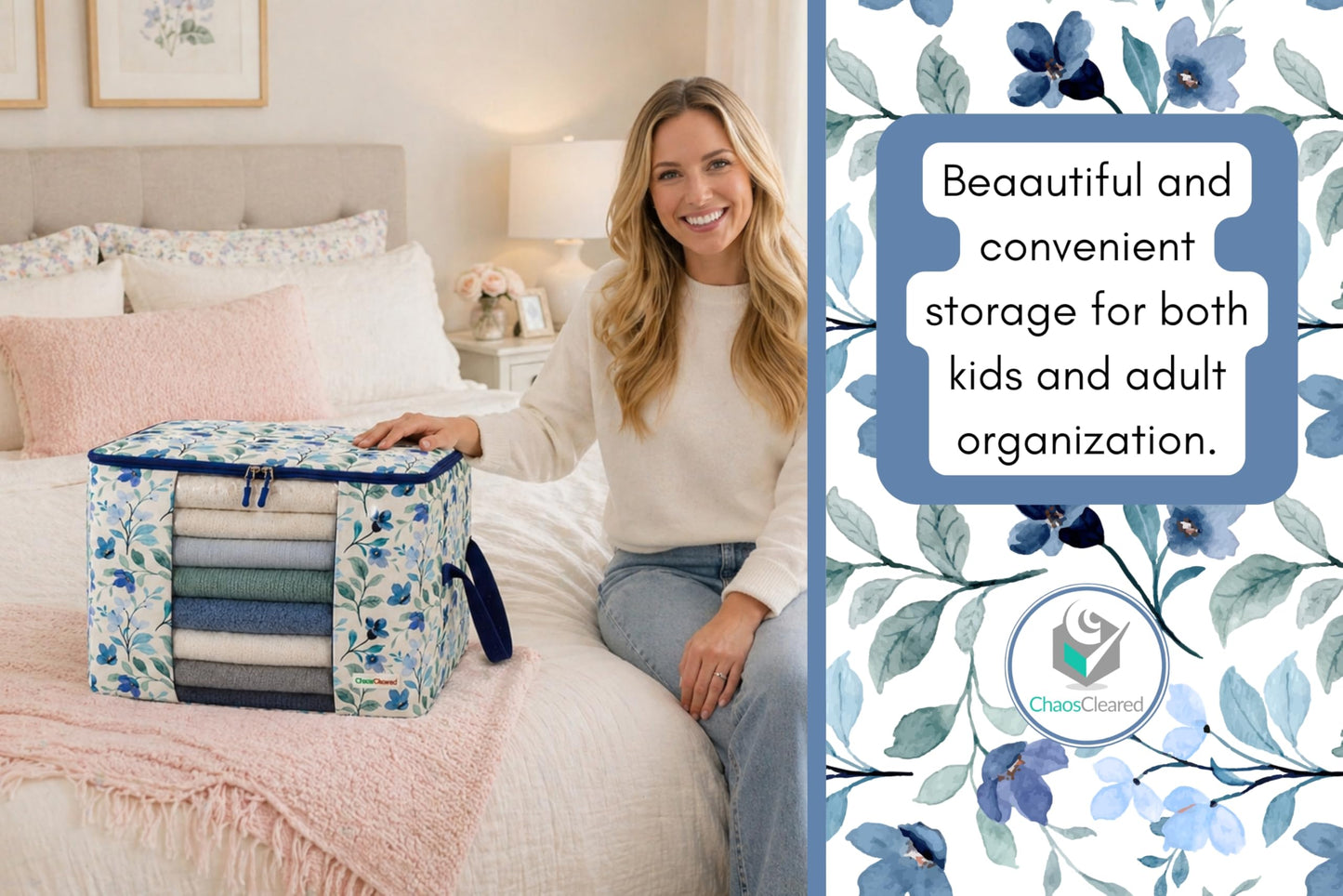 Chaos Cleared Canvas Storage Bags Designer Organizer 2 Pack – Seasonal Storage for Sweaters, Blankets, Linens & Garments – Foldable Design with Zip & Window (Blue Floral Print)