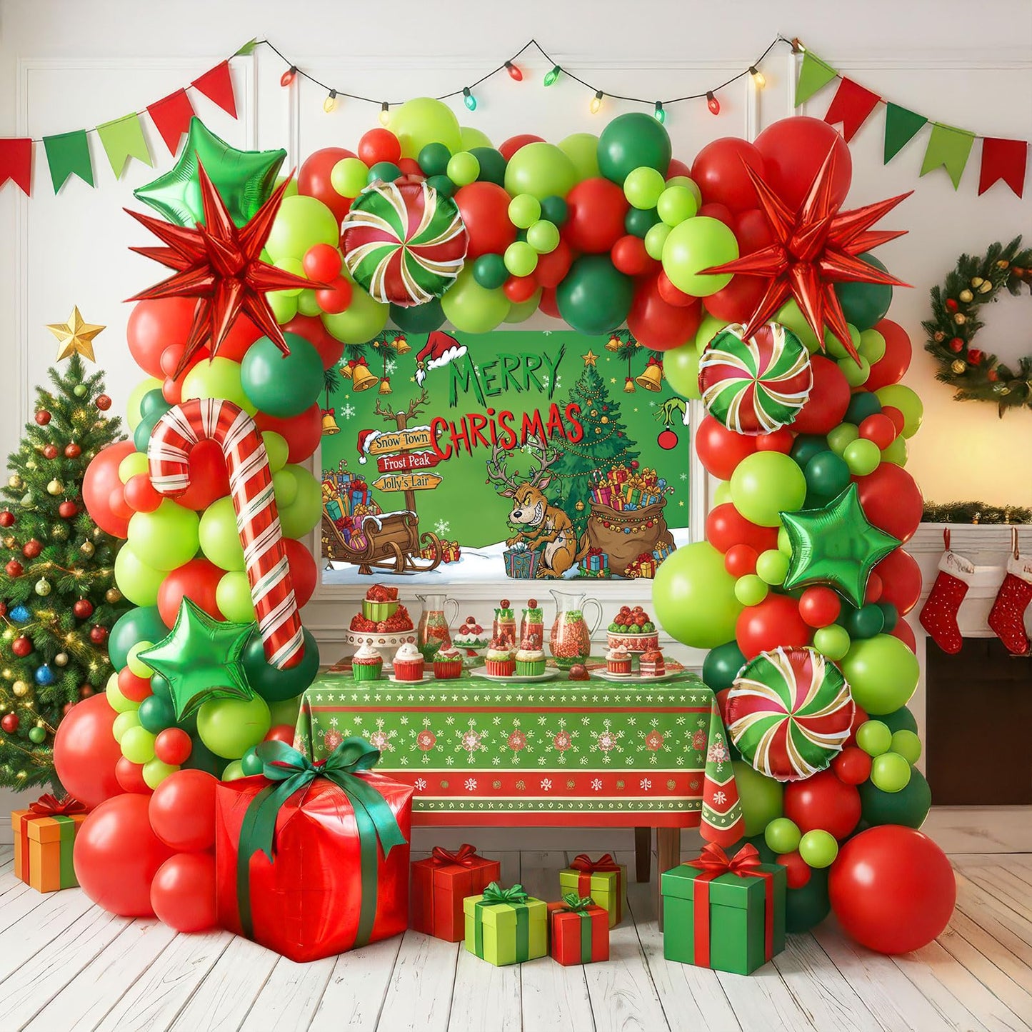 Christmas Balloon Garland Arch Kit with backdrop Xmas Red Green Balloons Candy Cane Santa Claus Star Foil Balloons for Christmas New Year Birthday Party Decorations