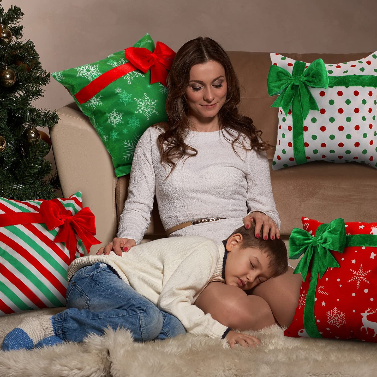 Kingdder Christmas Pillow Covers 18 x 18 Inch Set of 4 Farmhouse Xmas Throw Pillow Cases Gift Box Style Red Green White Snowflake Bow Decoration for Couch Holiday Sofa Cushion Decor