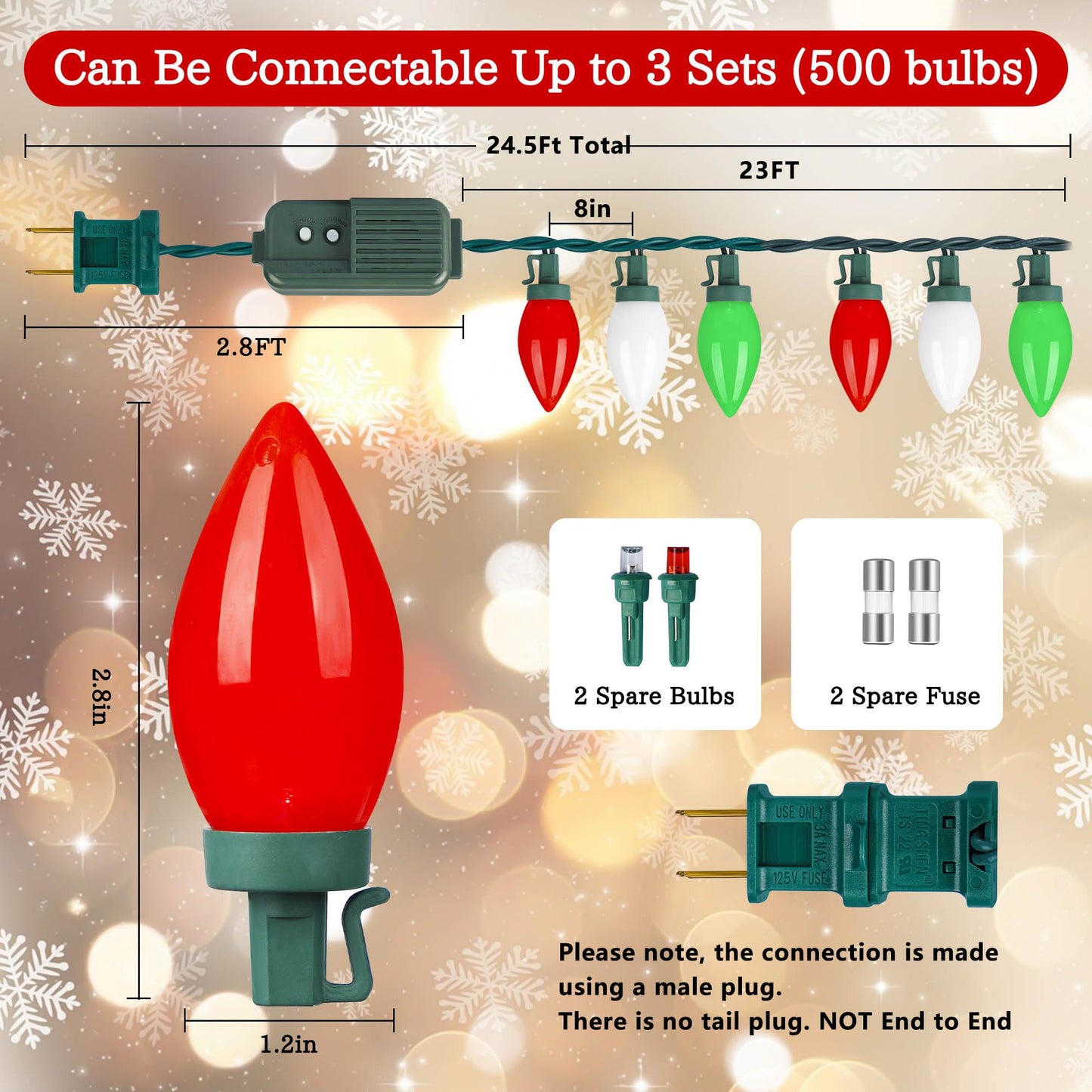 HAYATA Music Christmas Lights 35 LED C9 String Light - Fairy Xmas Decor Lighting for Outdoor, Indoor, Patio, Party, Home, Wreath, Garland, Christmas Tree Decoration. (Red&White&Green)