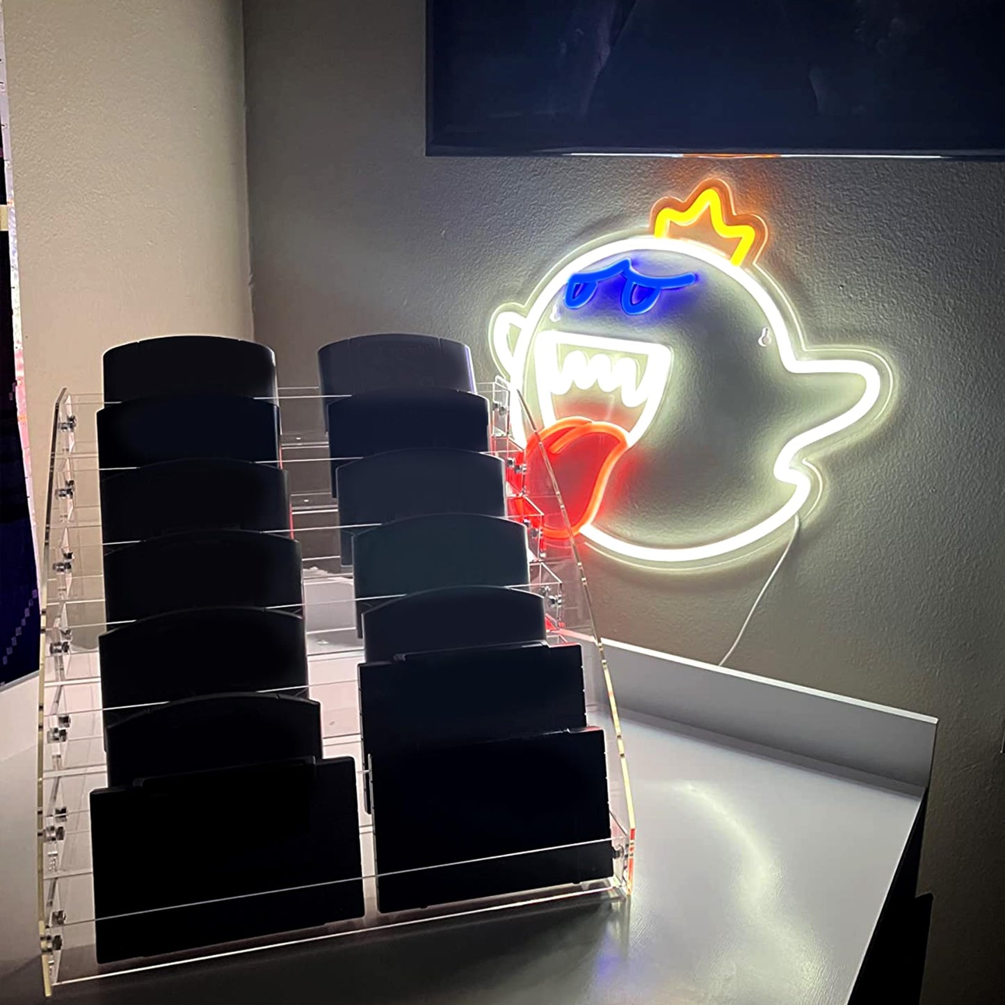 JOSEBRU Neon Sign King Boo The Ghost Face LED Neon Light Mario Lamp Acrylic Sign for Game Room Decor Gaming Light Accessory Gifts for Boy Room Decor (White)