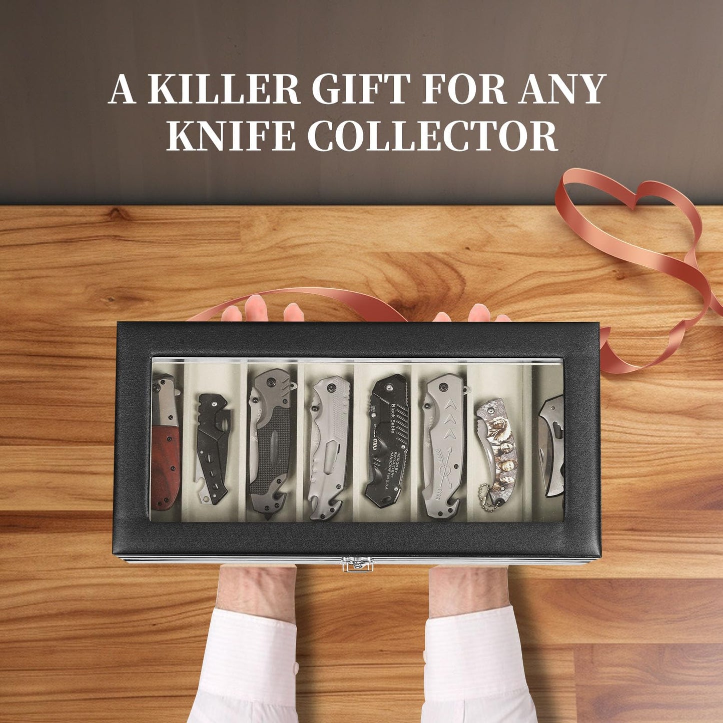 AUTOARK 3-Tier PU Leather & Velvet Knife Organizer with 26 Slots,Transparent Glass Top & Drawer,Compact Storage for Pocket Knives,Ideal for Men's Collections & Gifts,Black,MKAW016