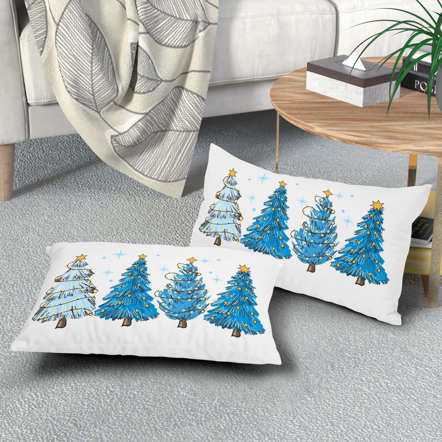 Blue Christmas Tree Lumbar Throw Pillow Covers 12X20 In Set of 2 Xmas Tree Lights Stars Decorative Rectangle Pillow Cases Winter Holiday Pillow Cover Farmhouse Home Decor For Living Room Sofa Couch
