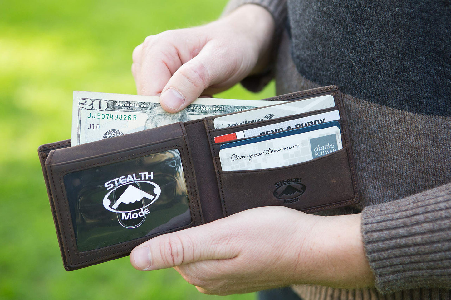 Stealth Mode Brown Leather Bifold Wallet for Men With ID Window and RFID Blocking, One Size