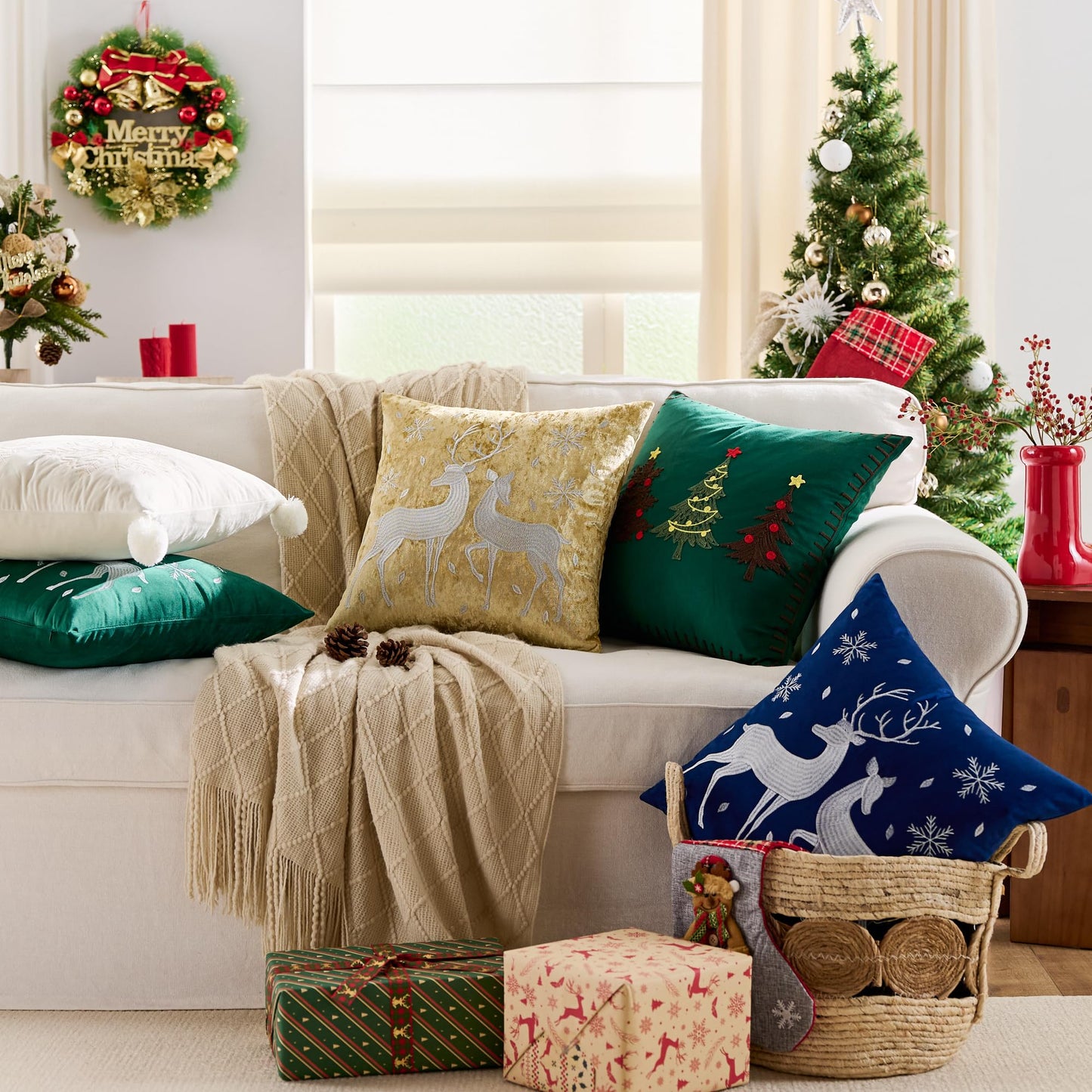 KINDREX Christmas Tree Throw Pillow Covers 18x18 Set of 2 Winter Holiday Decorative Emerald Green Embroidered Luxurious Soft Velvet Accent Pillowcase for Sofa Couch Bed Living Room Home Decor