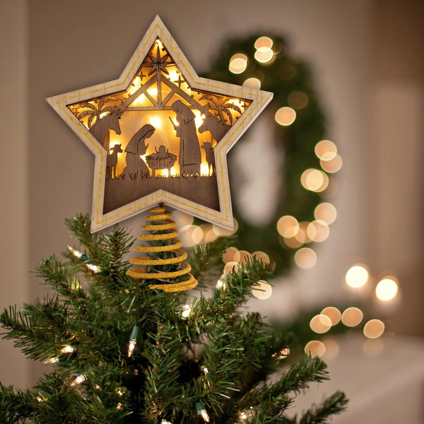 DEMDACO Lit Star Nativity Tree Topper - Glowing Gold Accented Wooden Star for Beautiful Holiday Charm - Christmas Tree Topper - Warm LED Shadow Box - Cutout Nativity Scene